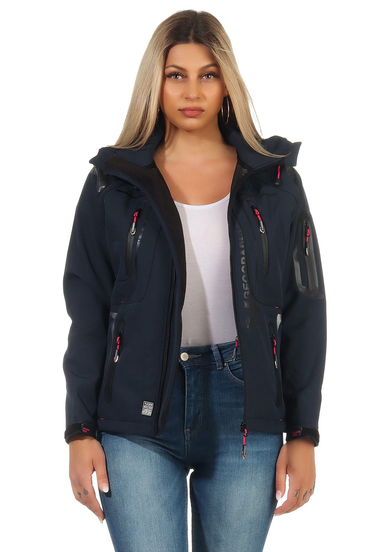 Geographical Norway Softshelljacke Geographical Norway Damen Softshell Outdoor Wander Sport Jacke in Unifarbe, mit abnehmbarer Kapuze, mit Stehkragen