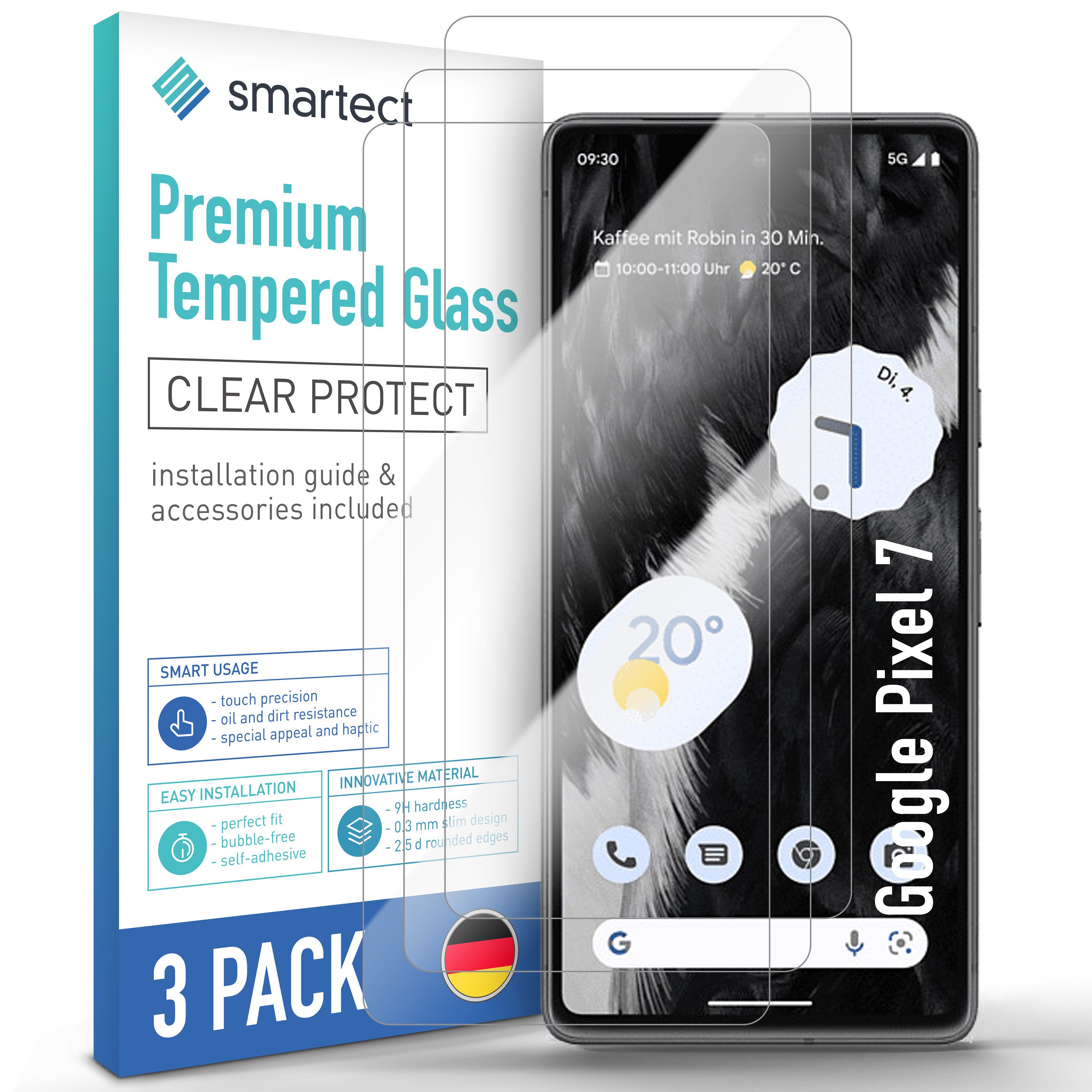 smartect Displayschutzglas Schutzglas Klar für Google Pixel 7, 3 Stück für Google Pixel 7, 3 Stück, Anti-Fingerabdruck, 9H Härte, Blasenfreie Installation