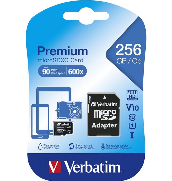 Verbatim microSDXC 256GB Speicherkarte (256 GB Class 10 90 MB/s Lesegeschwindigkeit)