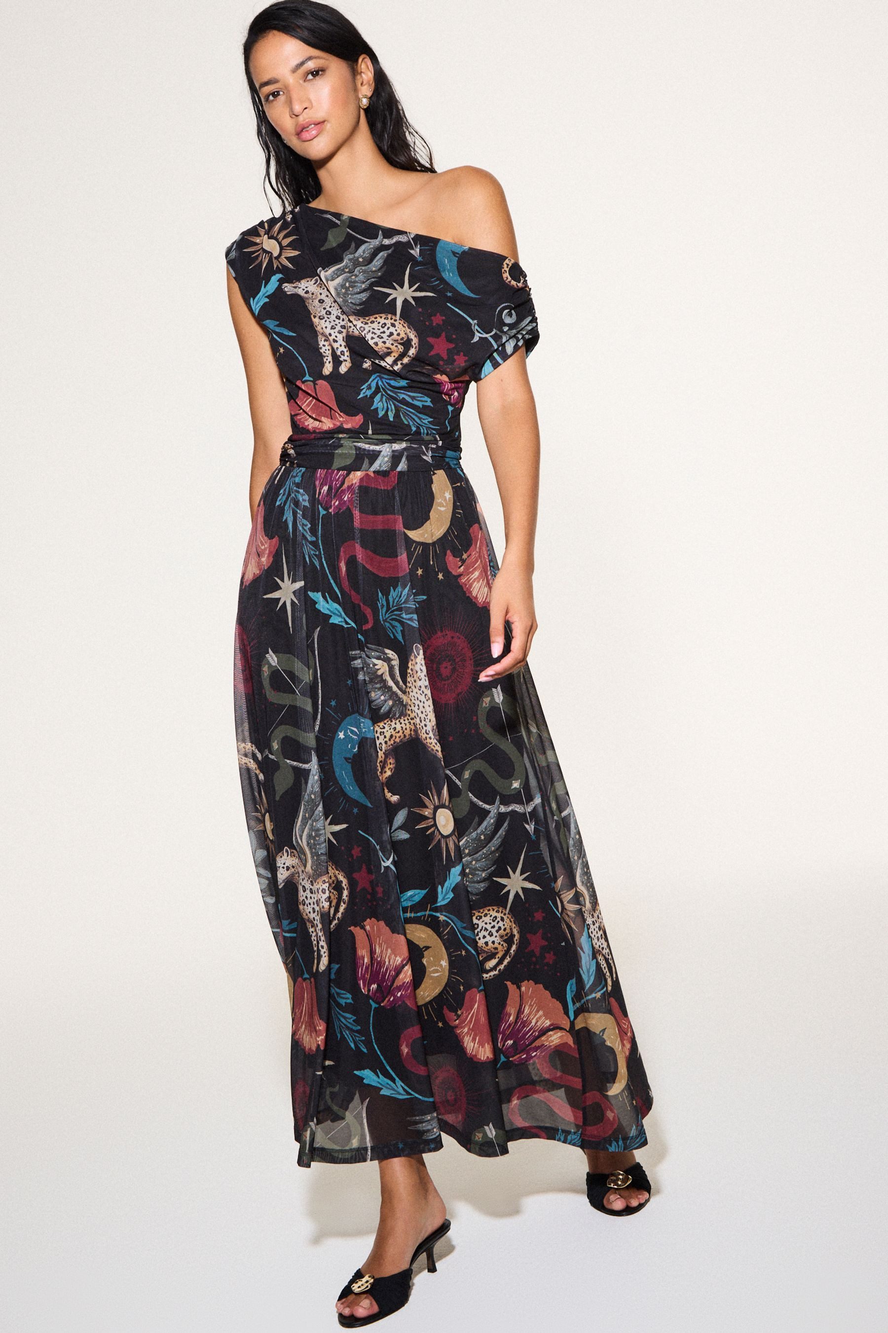 Next Midikleid Schulterfreies Midikleid mit Mesh (1-tlg)