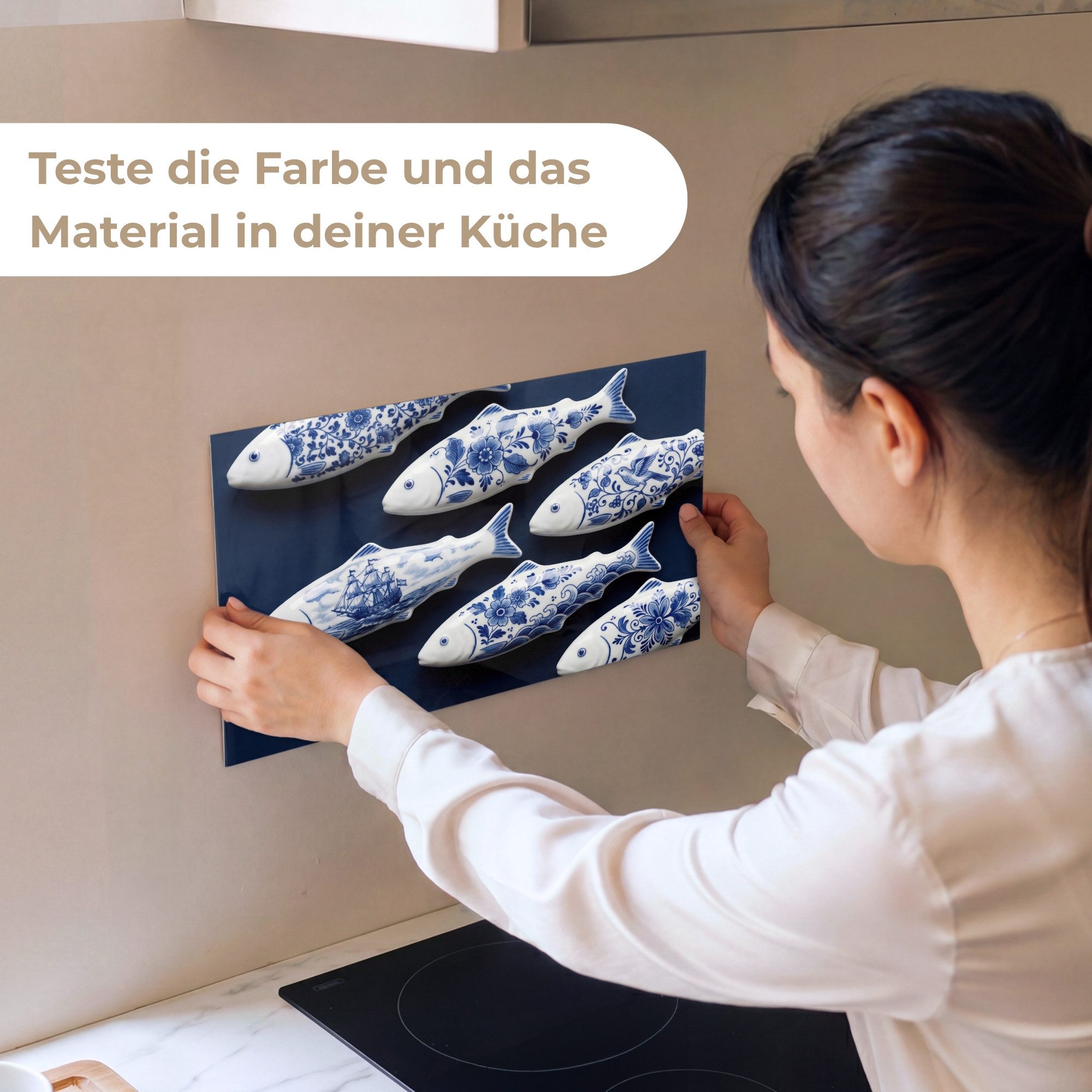 KitchenYeah Küchenrückwand Muster selbstklebend (keine Folie) Fisch - Delfter Porzellan - Keramik, (1-tlg), Spritzschutz, Küche, Rückwand, Küchenwand, Küchenfront, 30x20 cm