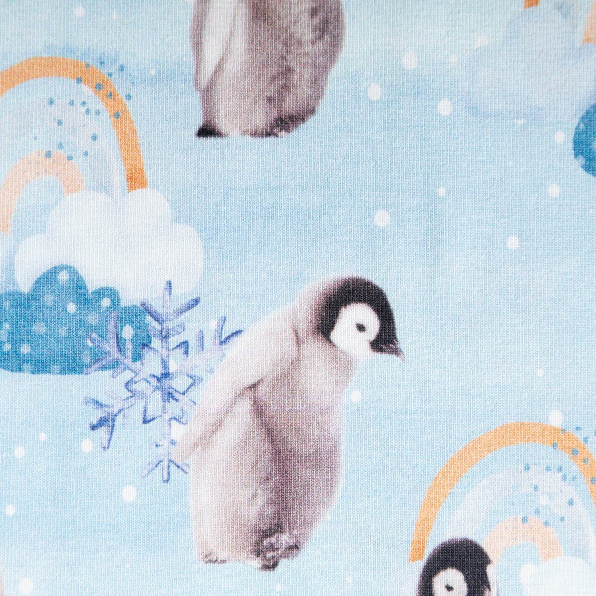 SCHÖNER LEBEN. Stoff Jersey Stoff Digitaldr. Pinguin Schneeflocke Wolken blau grau 1,45m B., allergikergeeignet