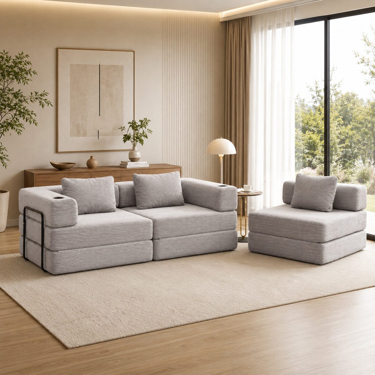 Leawin Sofa Sofas Wohnzimmer, 3-Sitzer Sofa mit Bettfunktion aus Cord, Modulares Schlafsofa, flexibel und bequem mit Kissen