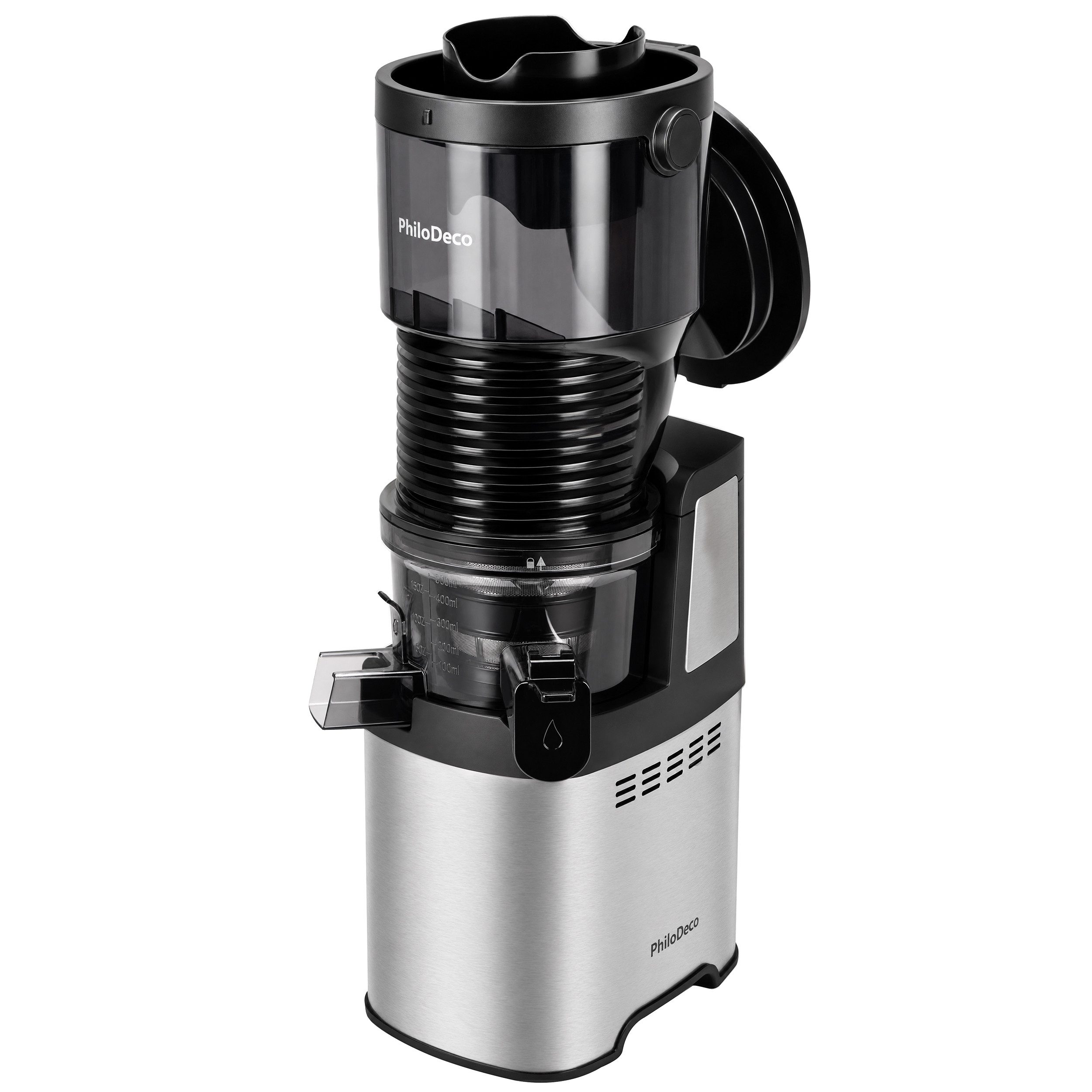WHEELYOU Slow Juicer Kaltpress-Entsafter mit 9,5-cm-Einfüllöffnung für ganze Früchte, 250 W, Bis zu 90 % Saftausbeute, getrennte Auslässe, einfache Reinigung