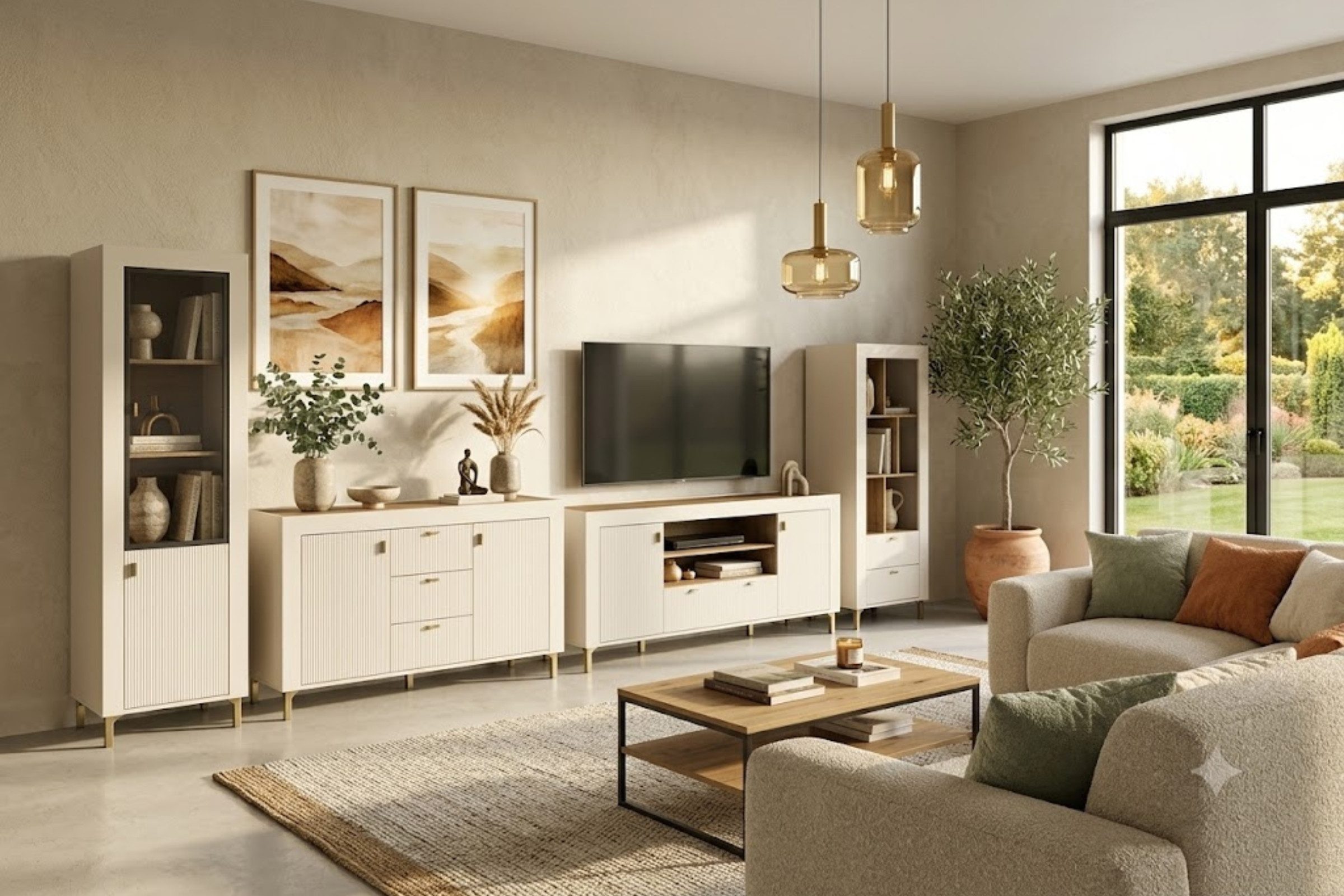 Deine Möbel 24 Wohnzimmer-Set MONI A mit Vitrine, Regal, 2 Kommoden, (Set, 4-St., MONI - Kollektion), optionale LED-Beleuchtung, in Weiß, Schwarz, Cashmere/Eiche Whisky