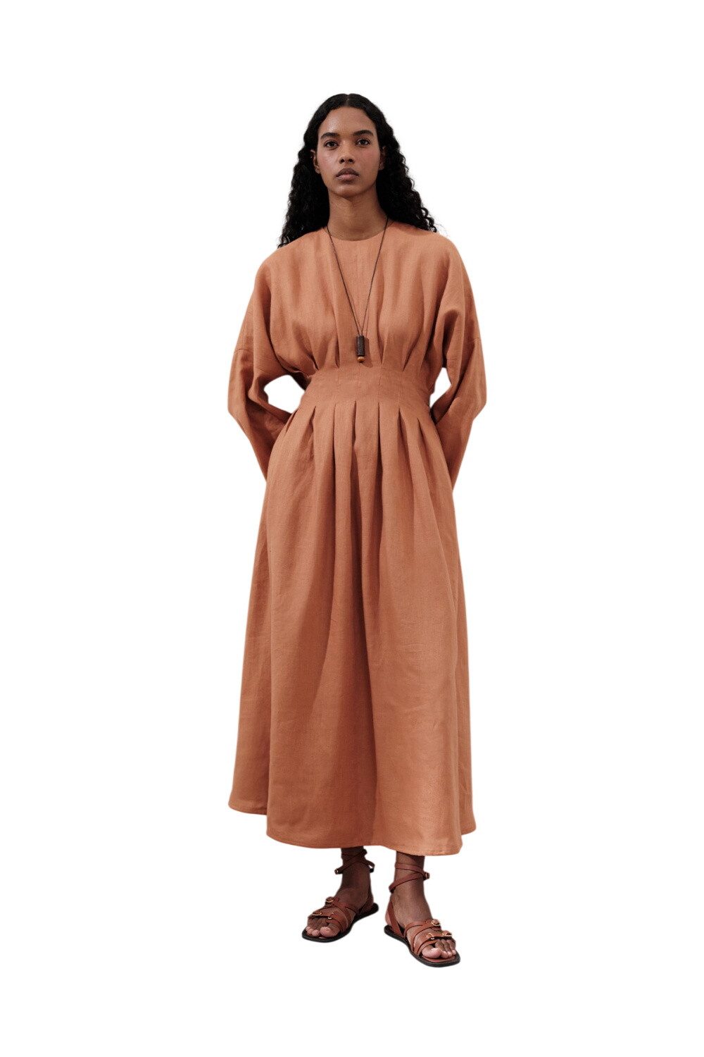 MANUKA Midikleid Leinenkleid mit Falten, schwarz