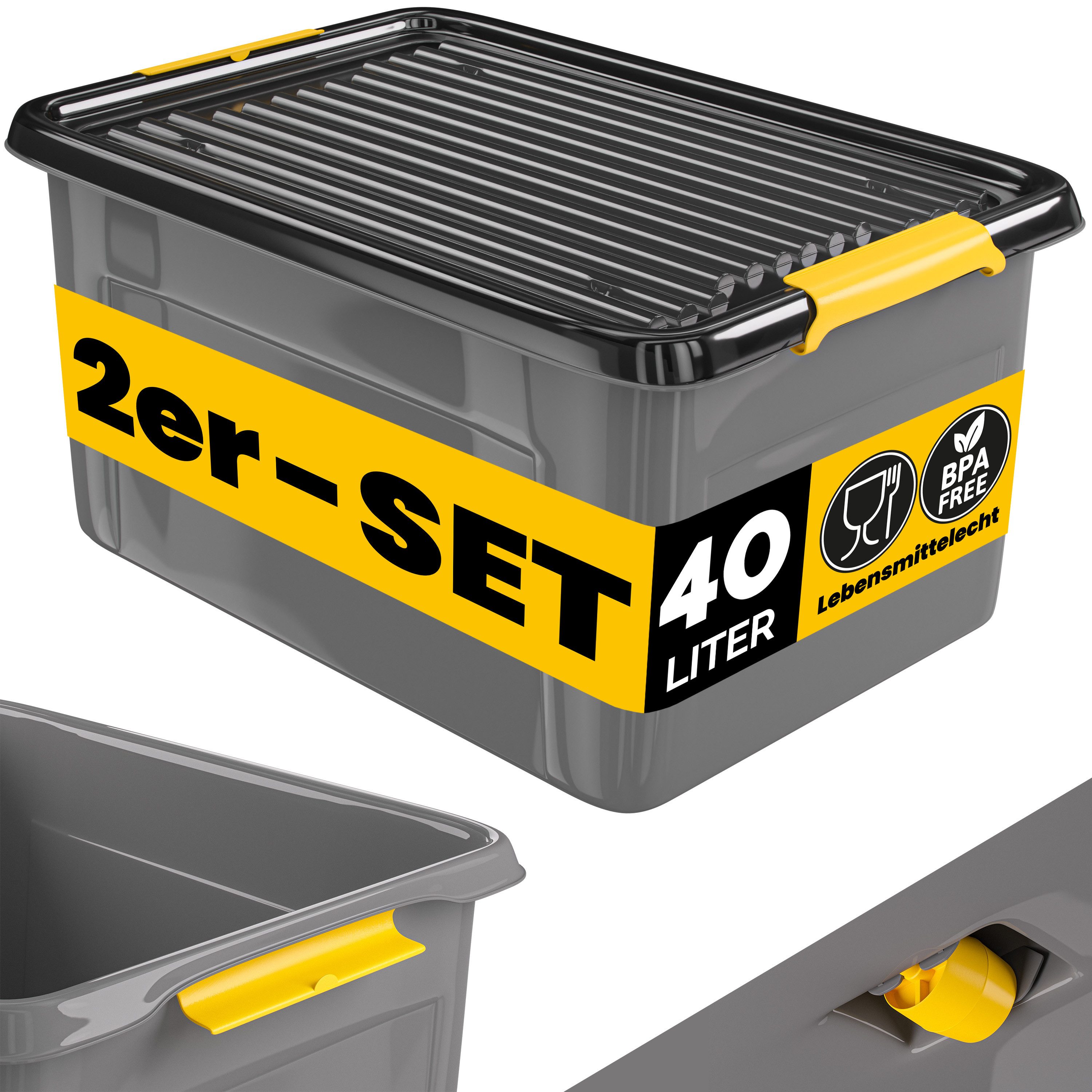 monzana Aufbewahrungsbox, 2x 40L Deckel 40kg belastbar stapelbar stabil BPA frei Kunststoffbox