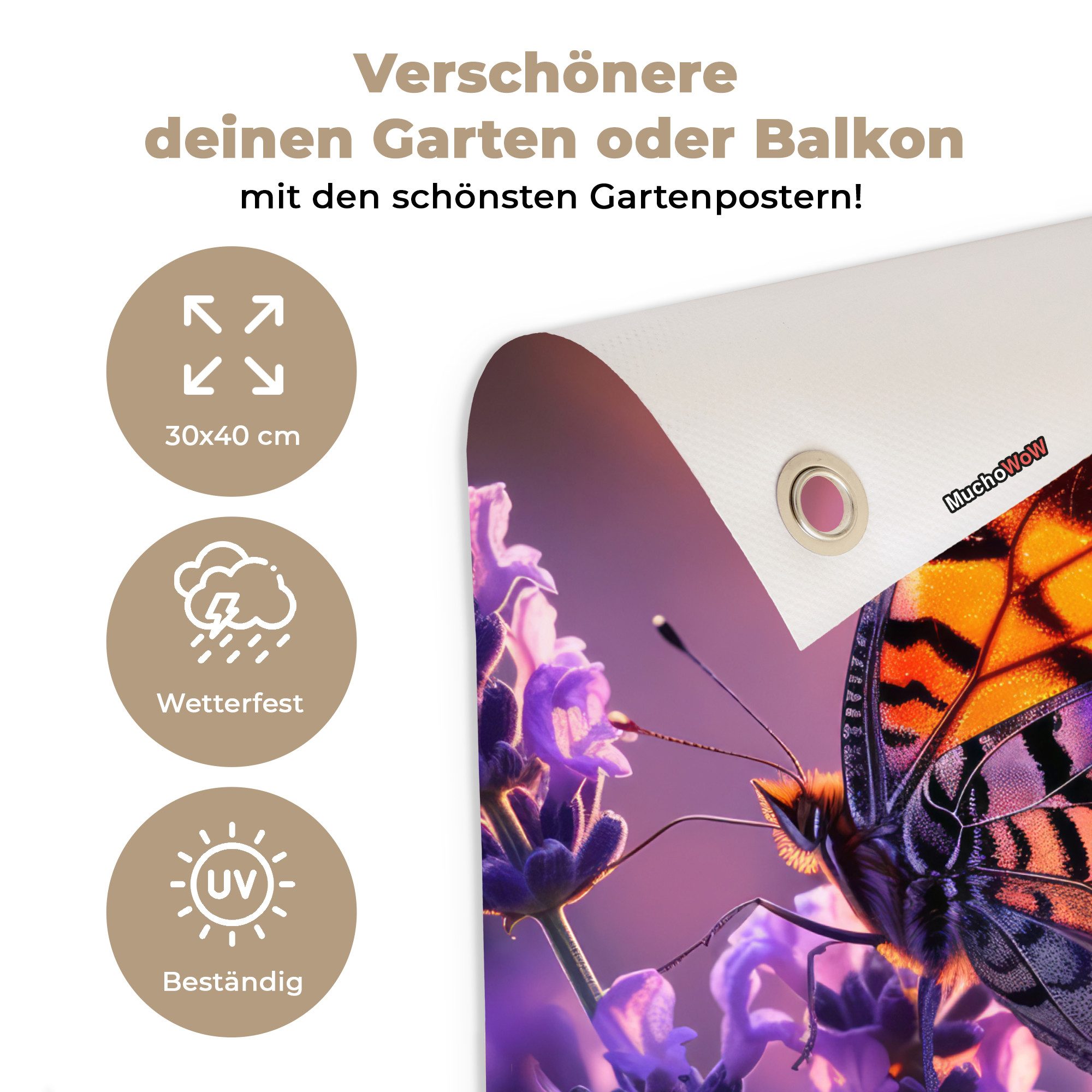 OnlyWow Poster für Garten Blumen - Schmetterling - Lavendel - Blume - Natur, Gartenposter, Outdoor Bilder, Gartendeko für draußen, 30x40 cm