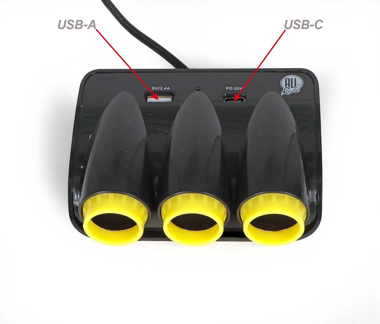 All Ride Zigarettenanzünder-Verteiler 3-fach Steckdosen Verteiler (12/24 Volt Steckdose, 1-St., mit USB-A und USB-C-Port), Auto LKW 3-fach Steckdosen Verteiler – Bild 3 von 5