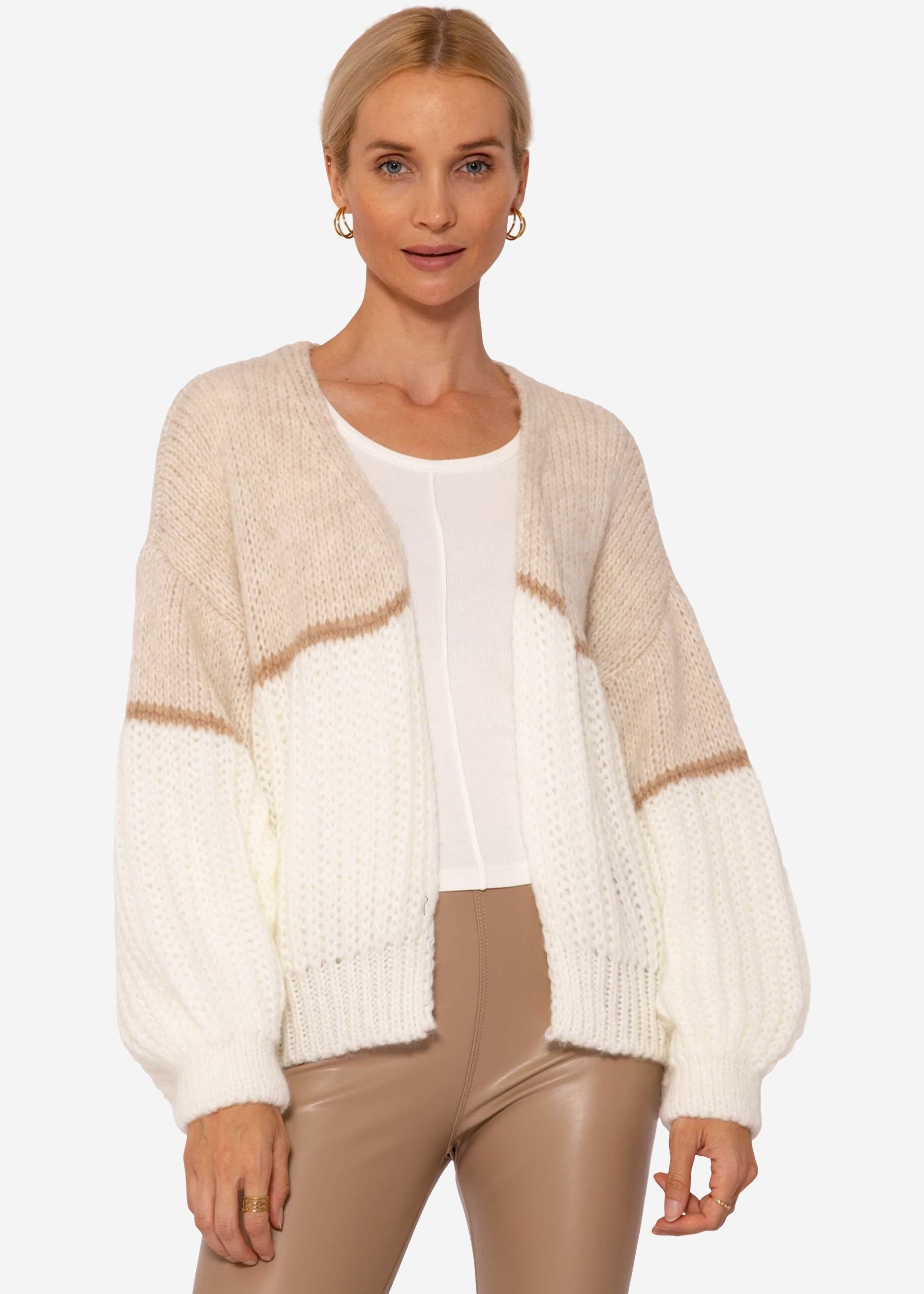 SASSYCLASSY Cardigan Oversize Strickjacke Damen aus weichem Grobstrick Lässiger Strick Cardigan mit querlaufendem Streifen, Made in Italy Beige