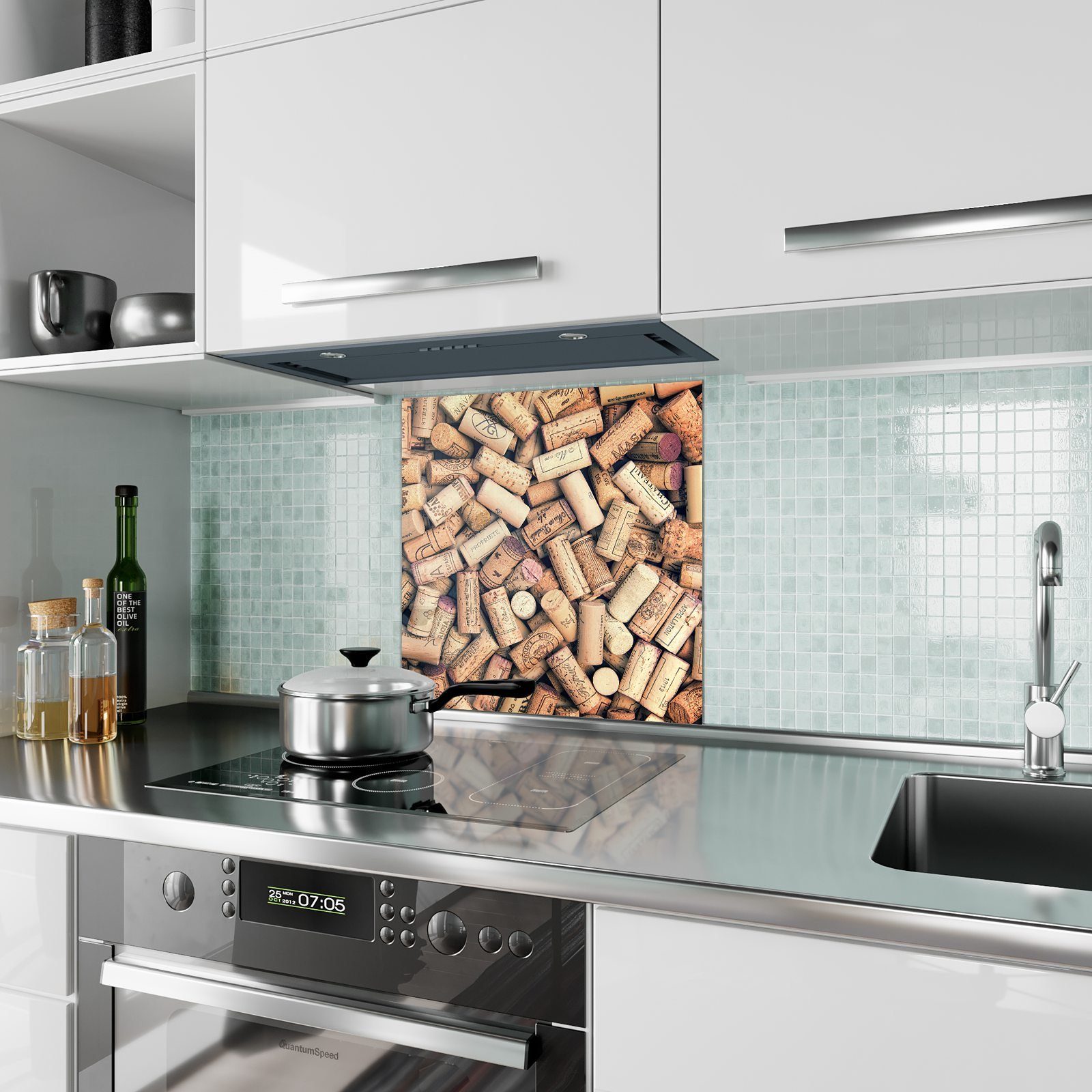 Küchenrückwand mit Motiv Spritzschutz Primedeco Küchenrückwand Glas Weinkorkensammlung