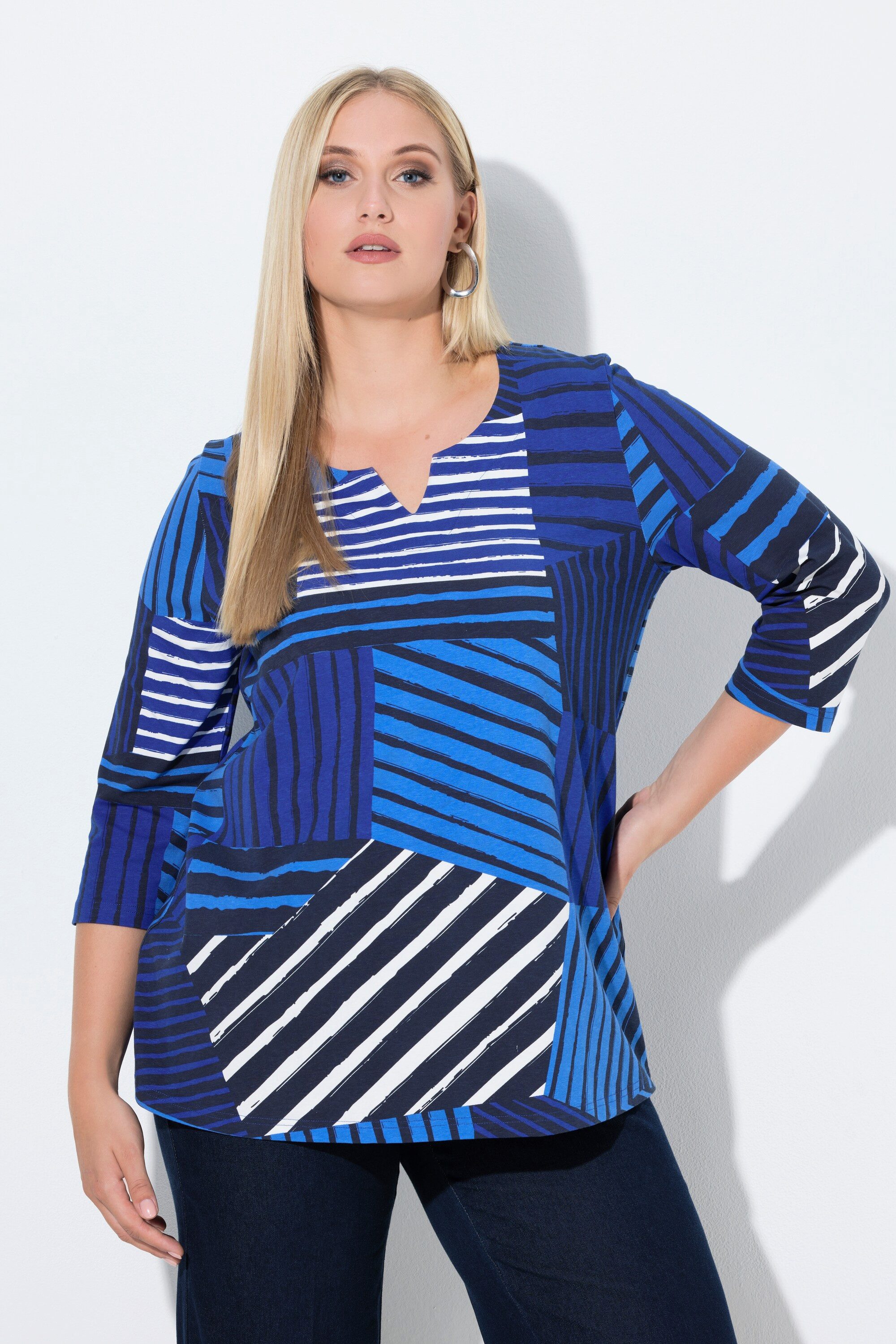 T-Shirt Shirt Streifen A-Linie Tunika-Ausschnitt 3/4-Arm