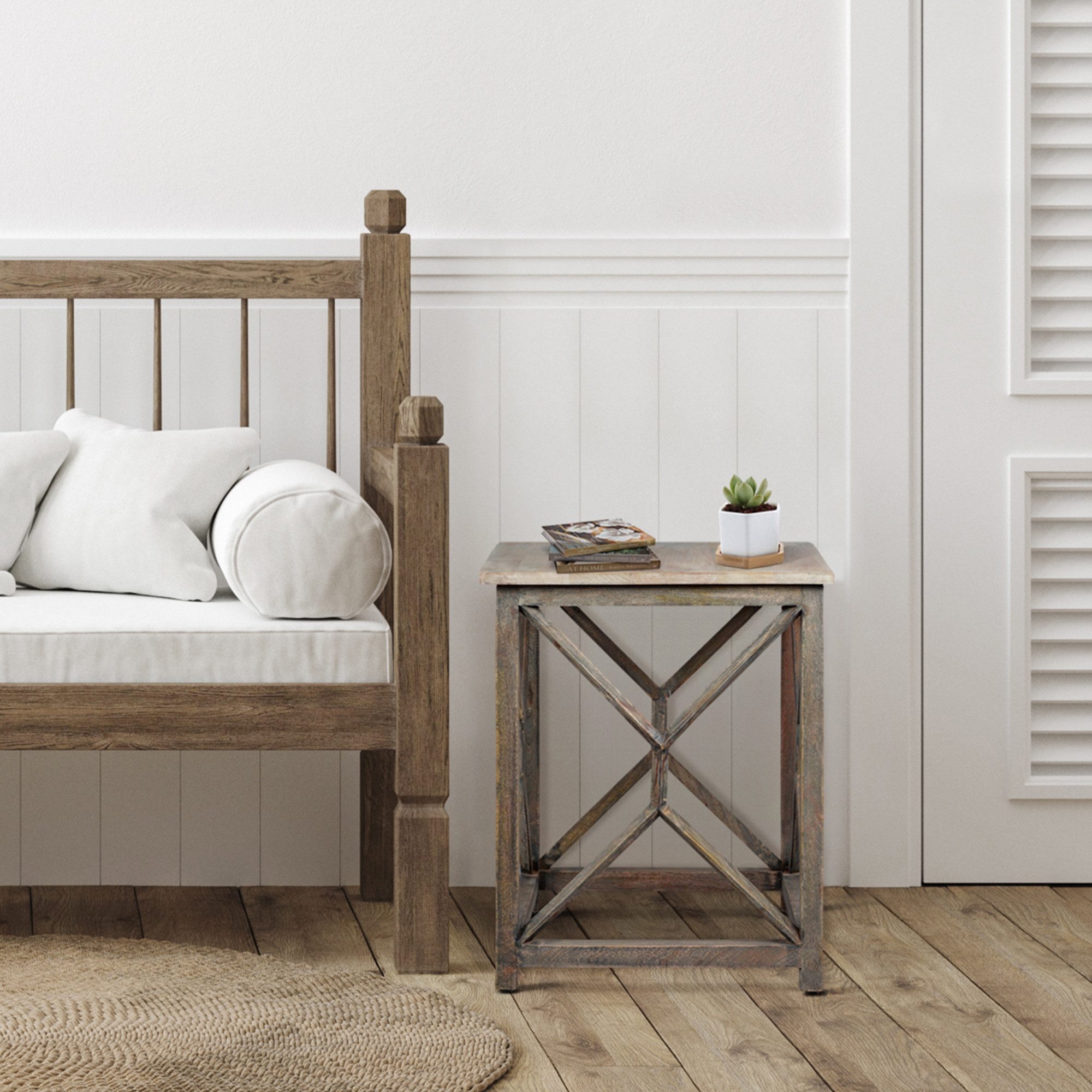 WOMO-DESIGN Couchtisch Beistelltisch handgefertigt aus Massivholz Sofatisch Wohnzimmertisch, Kaffeetisch Florence quadratisch Grau Unikat Vintage Design Holztisch