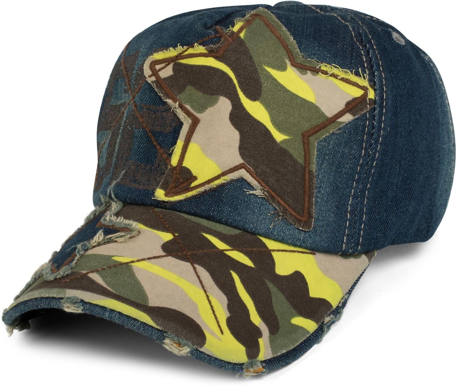 styleBREAKER Baseball Cap (1-St) Jeans Cap mit Camouflage und Stern Muster Dunkelblau / Neongelb