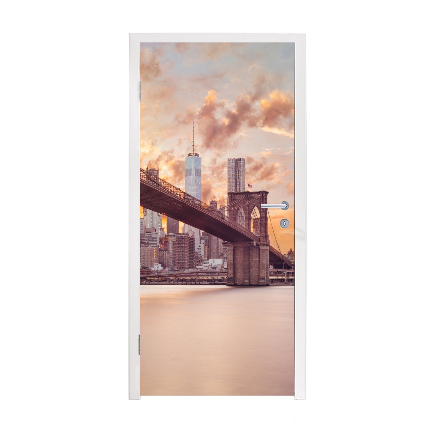 MuchoWow Türtapete Brooklyn Bridge und die New Yorker Skyline bei Sonnenuntergang, Matt, bedruckt, (1 St), Fototapete für Tür, Türaufkleber, 75x205 cm