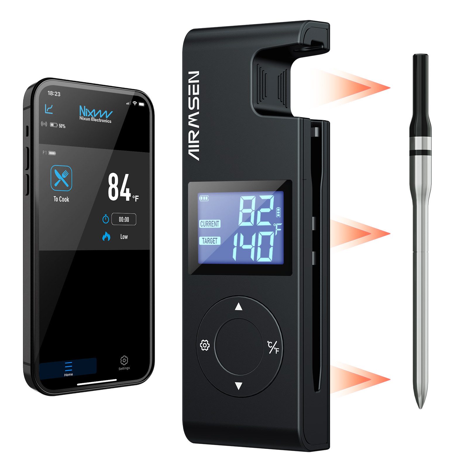 Airmsen Grillthermometer Fleischthermometer Kabelloses Grillthermometer Bluetooth - 1000mAh, mit Hitzebeständigem Keramikgriff & LCD-Display 150m Fernüberwachung, Bluetooth 5.4 Smart-App-Steuerung für Räuchern BBQ, 5.20×3.20×16.30 cm