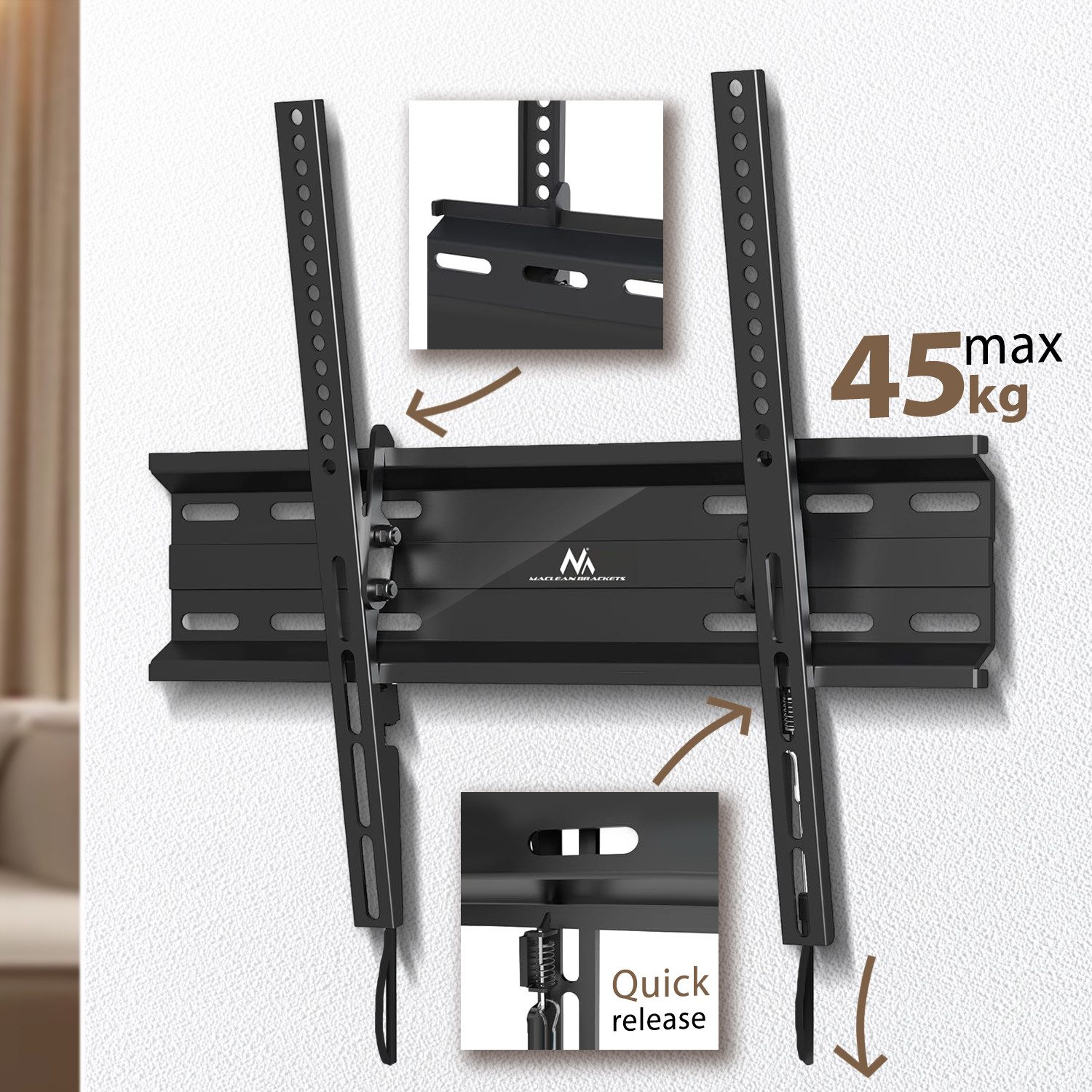 Maclean TV-Wandhalterung MC-748A, (bis 70,00 Zoll, Wasserwaage, 3 Kabelklemmen, Satz Befestigungsschrauben, Wandhalterung für 32-70'' TV neigbar 45 kg)
