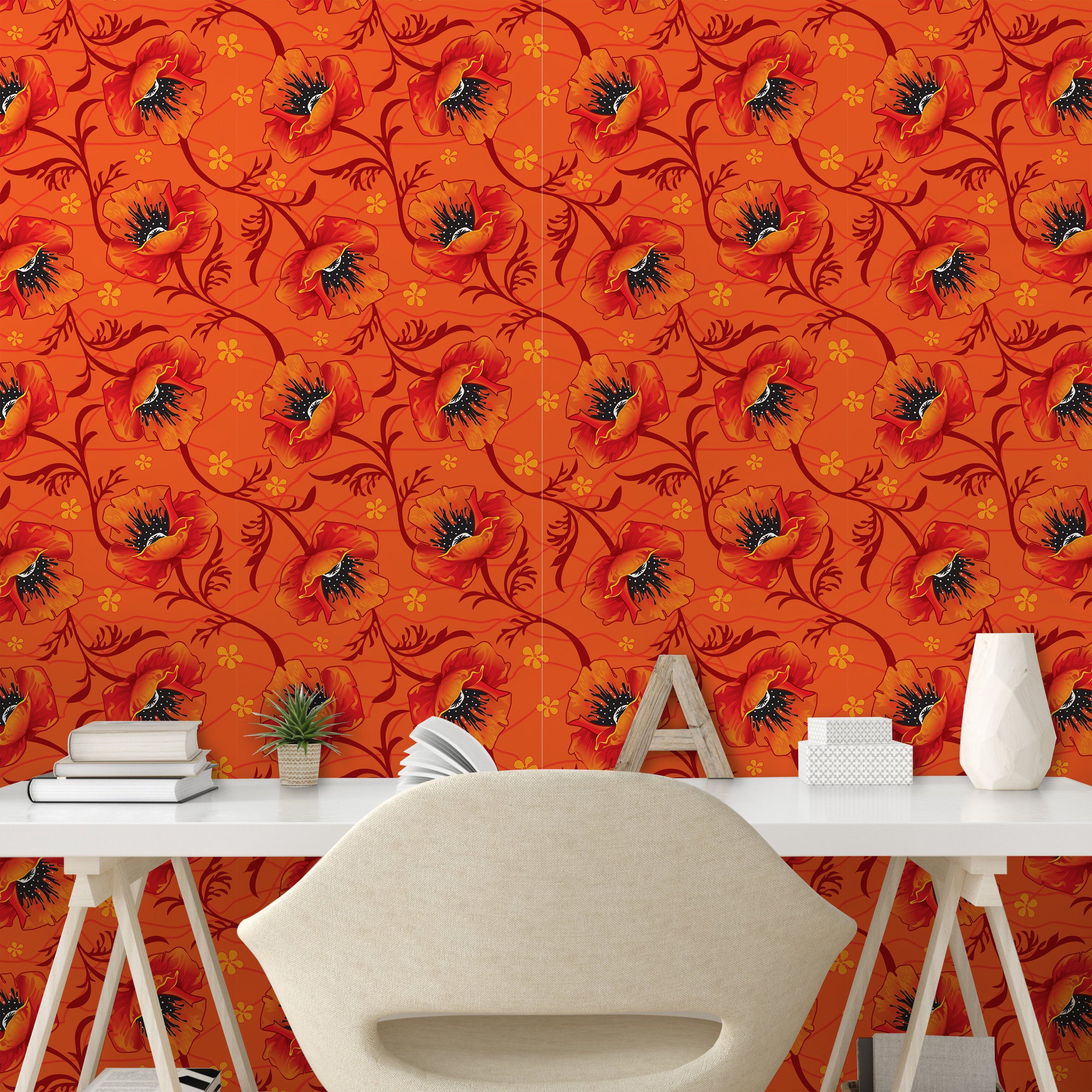 Abakuhaus Vinyltapete selbstklebendes Mohnblumen-Blumen Wohnzimmer Küchenakzent, Romantik Orange