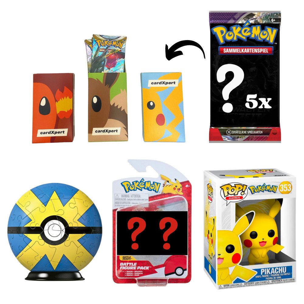 cardXpert Sammelkarte Pokémon - Mystery Box Größe M - Überraschungspaket mit viel Zubehör DE, mit Booster, Funko Pikachu, Battle Figure Pack, Pokéball 3D Puzzle
