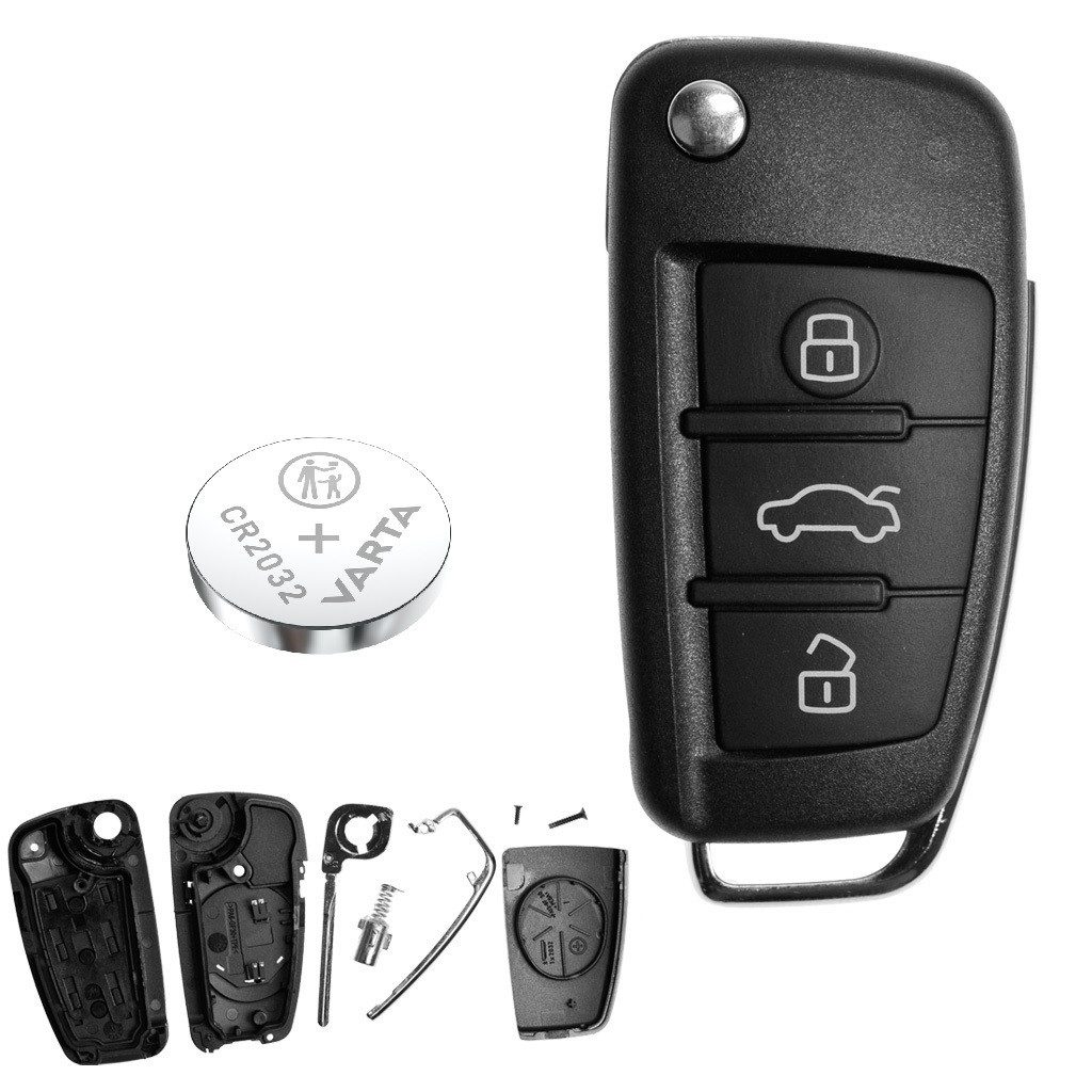mt-key VARTA CR2032 + Auto Schlüssel Reparatur Gehäuse Knopfzelle, CR2032 (3 V), für Audi A1 8X / A3 8P / A3 8V / A4 B7 / A6 C6 / TT 8J / R8 / Q3 / Q7