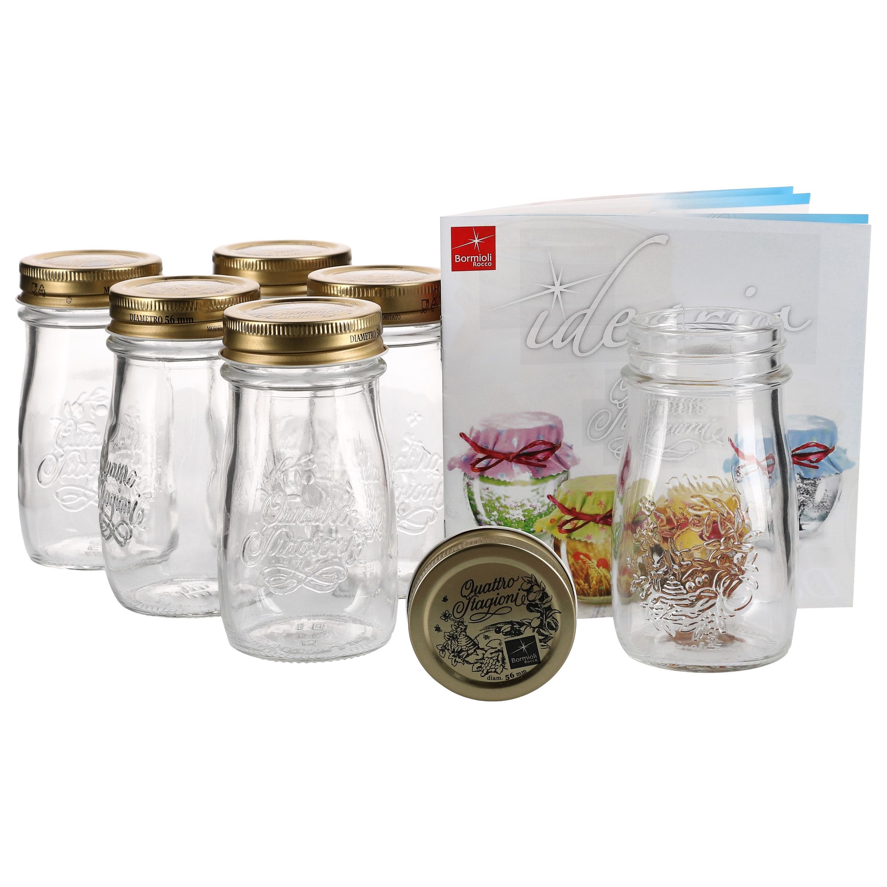 MamboCat Einmachglas 6er Set Quattro Stagioni Flasche 0,20l incl. Bormioli Rezeptheft – als Saft Smoothie Getränke Fläschchen, zur Dekoration oder als Einmachglas, Vorratsglas