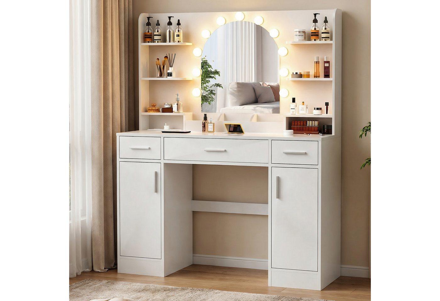 oyajia Schminktisch 110*40*140CM Frisiertisch mit 2 AC-Steckdosen, 1 USB-A und 1 USB-C (Frisiertisch weiß mit Spiegel), Mit LED-Beleuchtung, 3 Schubladen, 6 Fächer