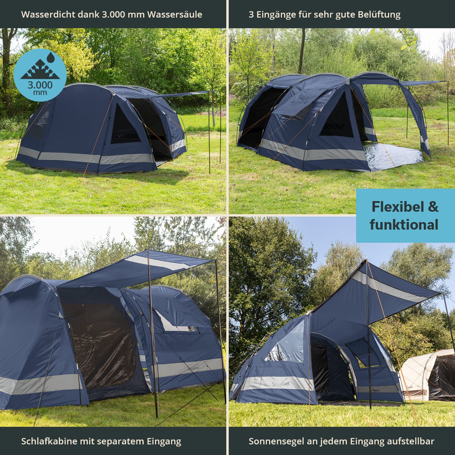 Skandika Tunnelzelt Kambo 4 Familienzelt mit dunkler Schlafkabine, Tragetasche, 3 Eingänge, Personen: 4 (Separater Eingang zur Schlafkabine, Haken für Lampenaufhängung), Wasserdicht, 3000 Wassersäule, Moskitonetz an Schlafkabine und Fenster