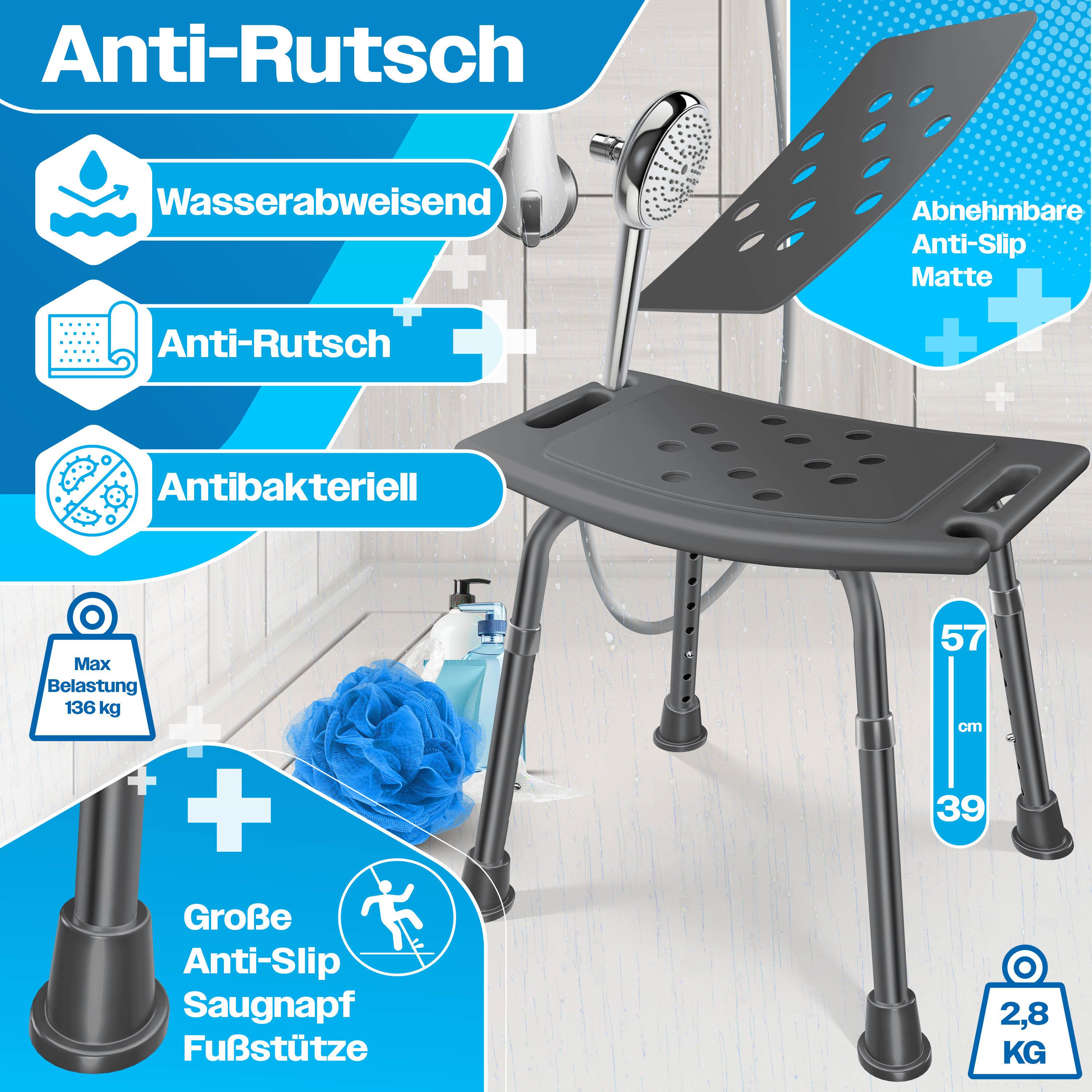 KESSER Badhocker Duschhocker höhenverstellbar & bis 136kg belastbar, Duschhilfe für Senioren, rutschfester Duschstuhl mit Zubehör