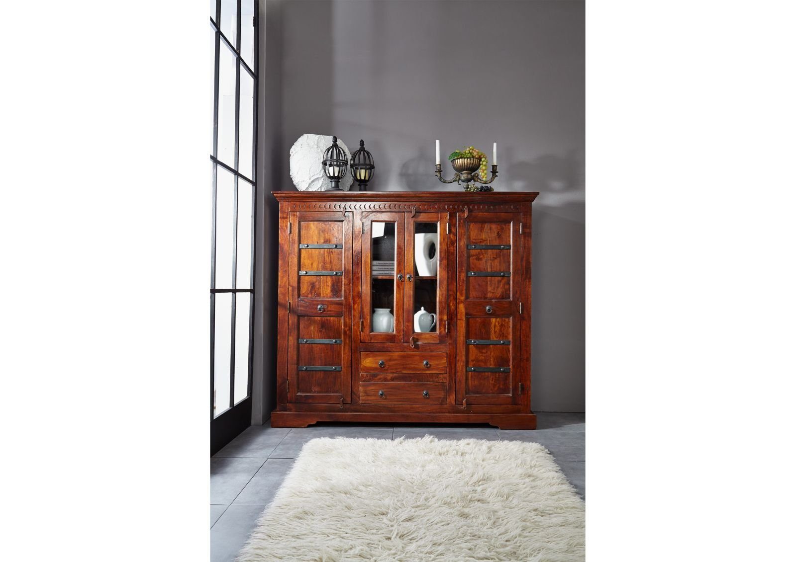 Massivmoebel24 Highboard OXFORD (Massivholz), Highboard Akazie 160x50x142 nougat lackiert OXFORD #418