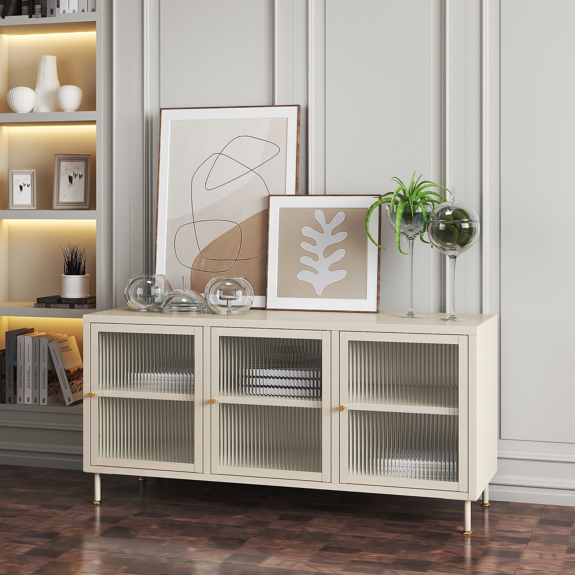 en.casa TV-Schrank »Lindau« mit 3 Glastüren Stahl 120 x 40 x 59 cm Cremeweiß