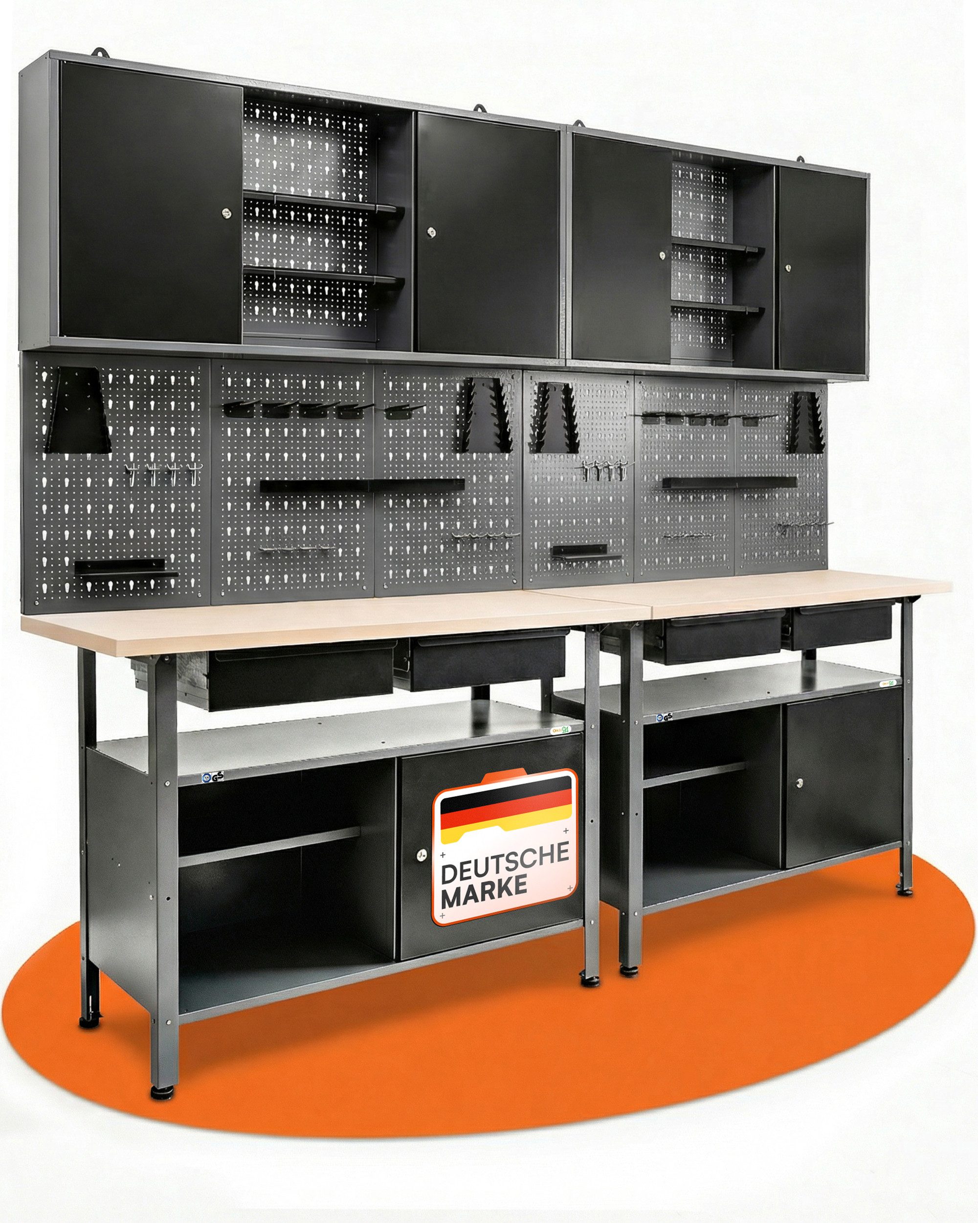 ONDIS24 Werkstatt-Set Werkstatteinrichtung Werkbank Fritz Hängeschrank Werkzeugwand Metall, 240x60x205 cm, abschließbare Türen & höhenverstellbare Justierfüßen