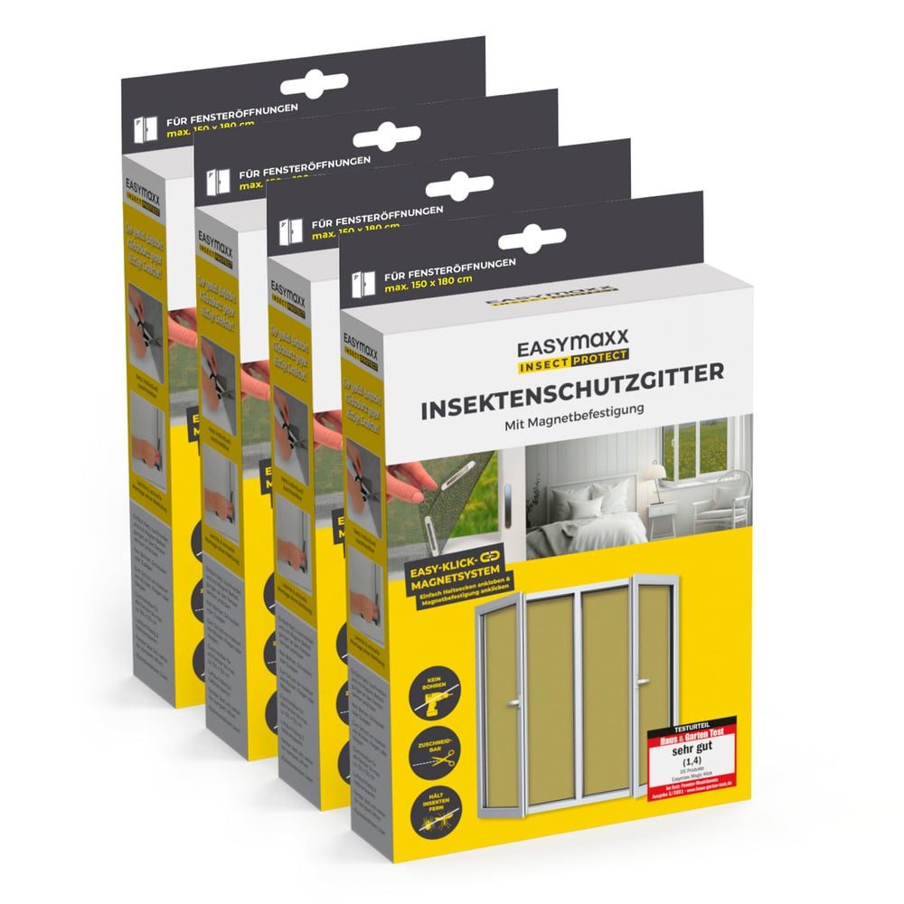 EASYmaxx Insektenschutz-Fensterrahmen Fliegengitter Fenster mit Magnetbefestigung 150 x 180 cm,  4er Set, (4-St), zuschneidbares Moskitonetz, Insektenschutz Fenster Mückenschutz
