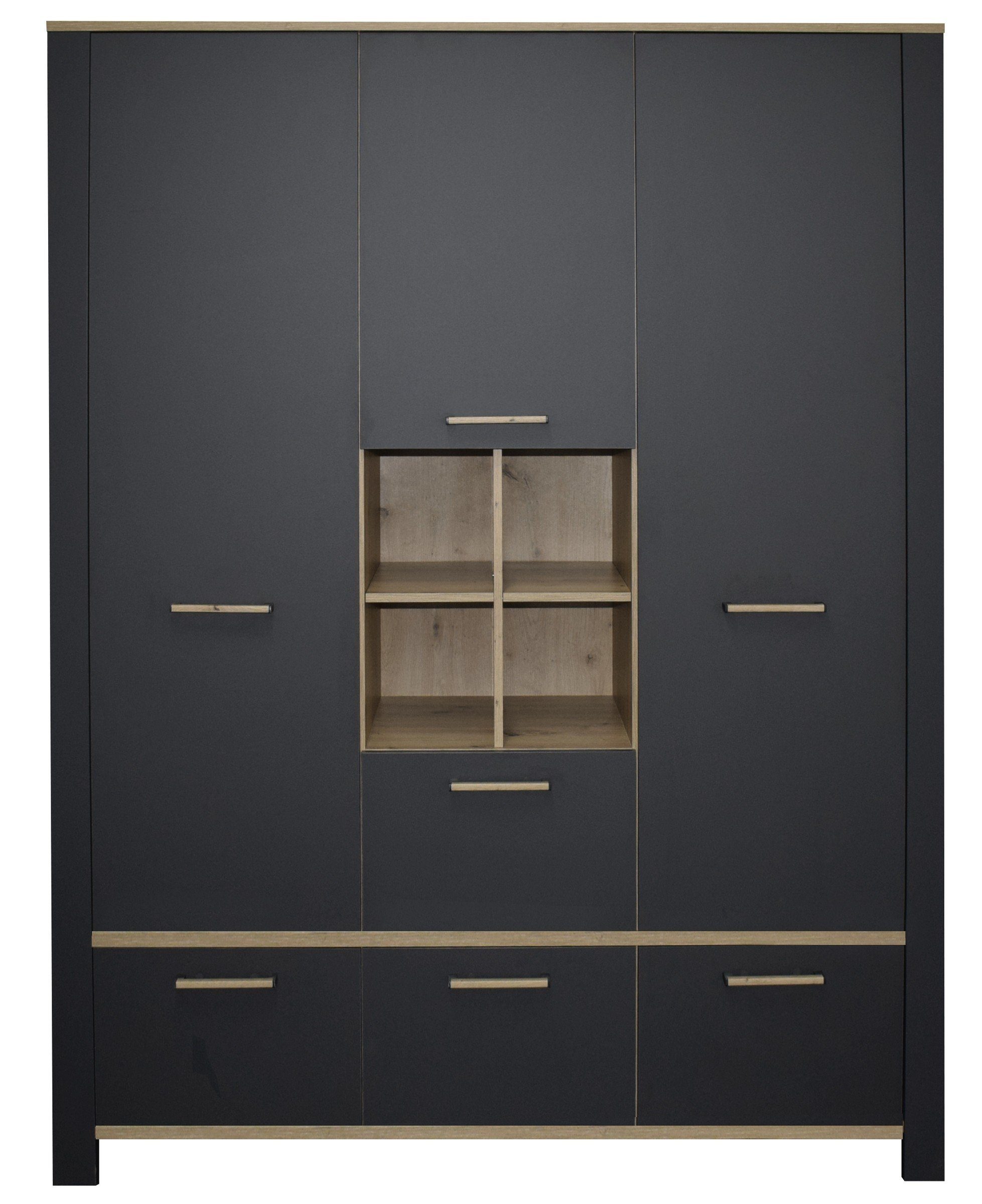 möbelando Kleiderschrank Tom (BxHxT: 160x195x47 cm) in anthrazit matt lack / asteiche mit 4 Schubladen und 3 Türen