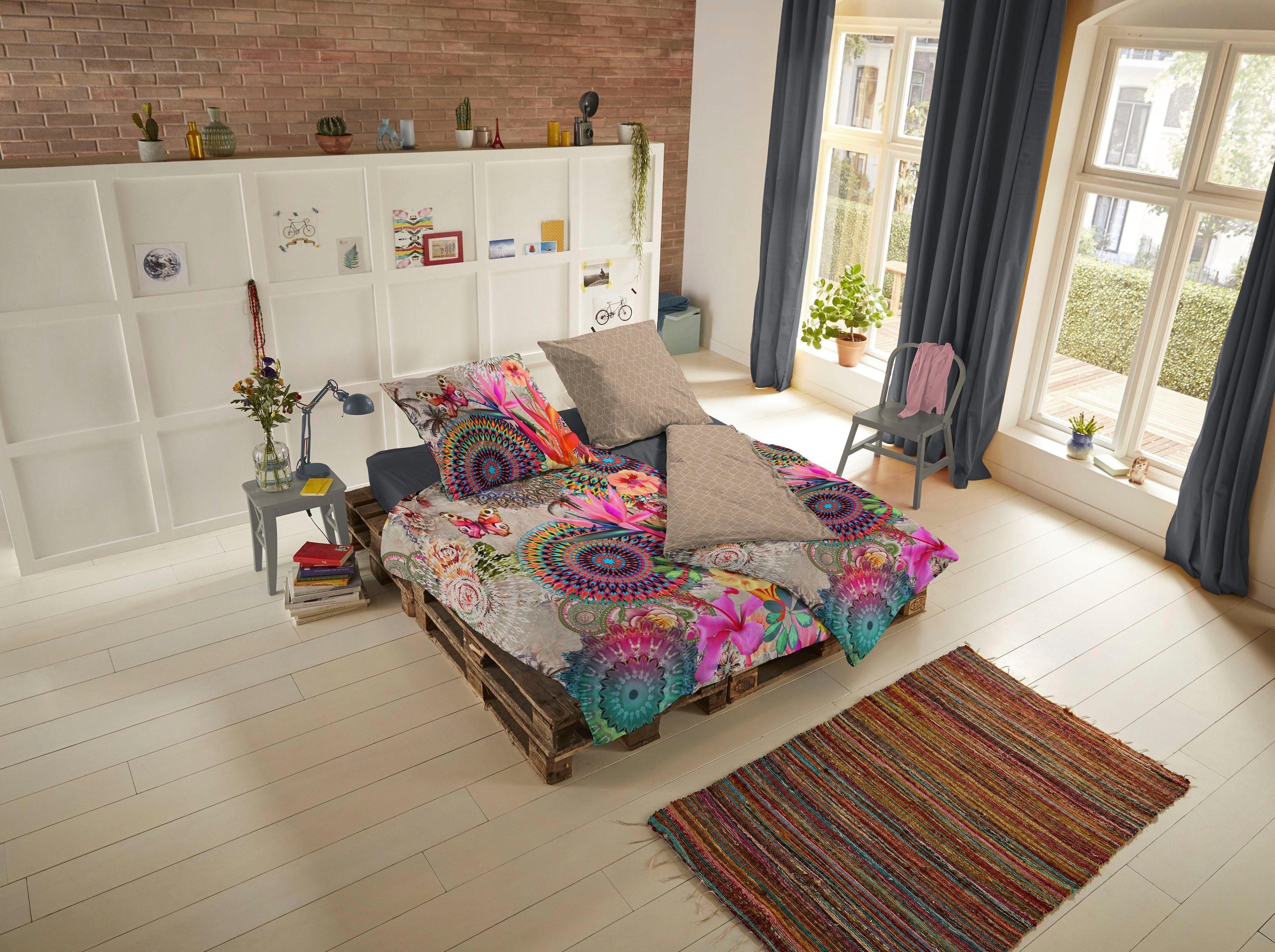 hip Wendebettwäsche Maelli in Gr. 135x200 oder 155x220 cm, Satin, 2 teilig, Mako-Satin, 155x220, Reißverschluss, Wendeoptik, Mandala, Blumen, Sand