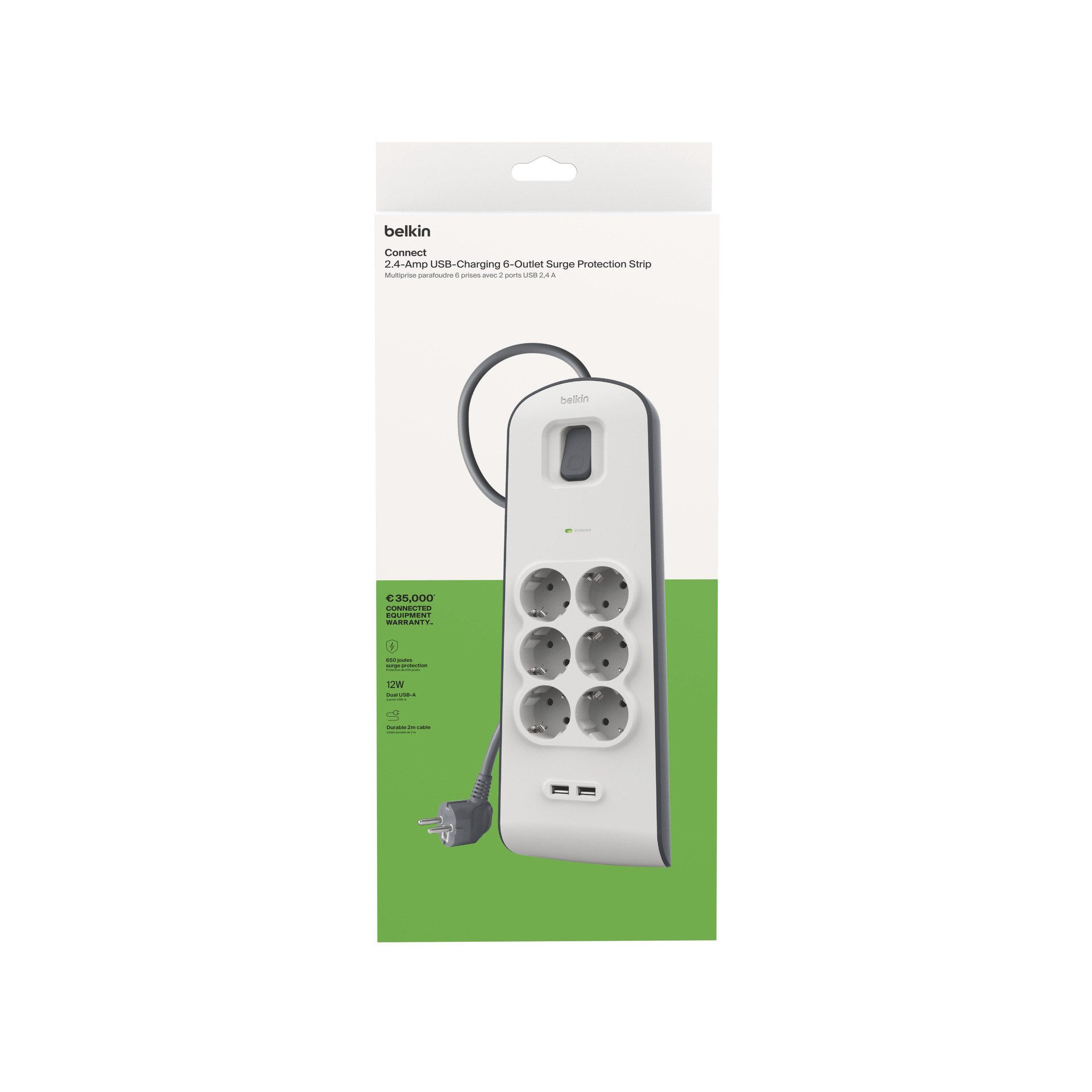 Belkin 6fach-Steckdosenleiste mit Überspannungsschutz, 2-m-Kabel und USB-A Steckdosenleiste 6-fach (Ein- / Ausschalter, Überspannungsschutz, Kabellänge 2 m), 2 USB-Anschlüsse mit maximal 2,4 A