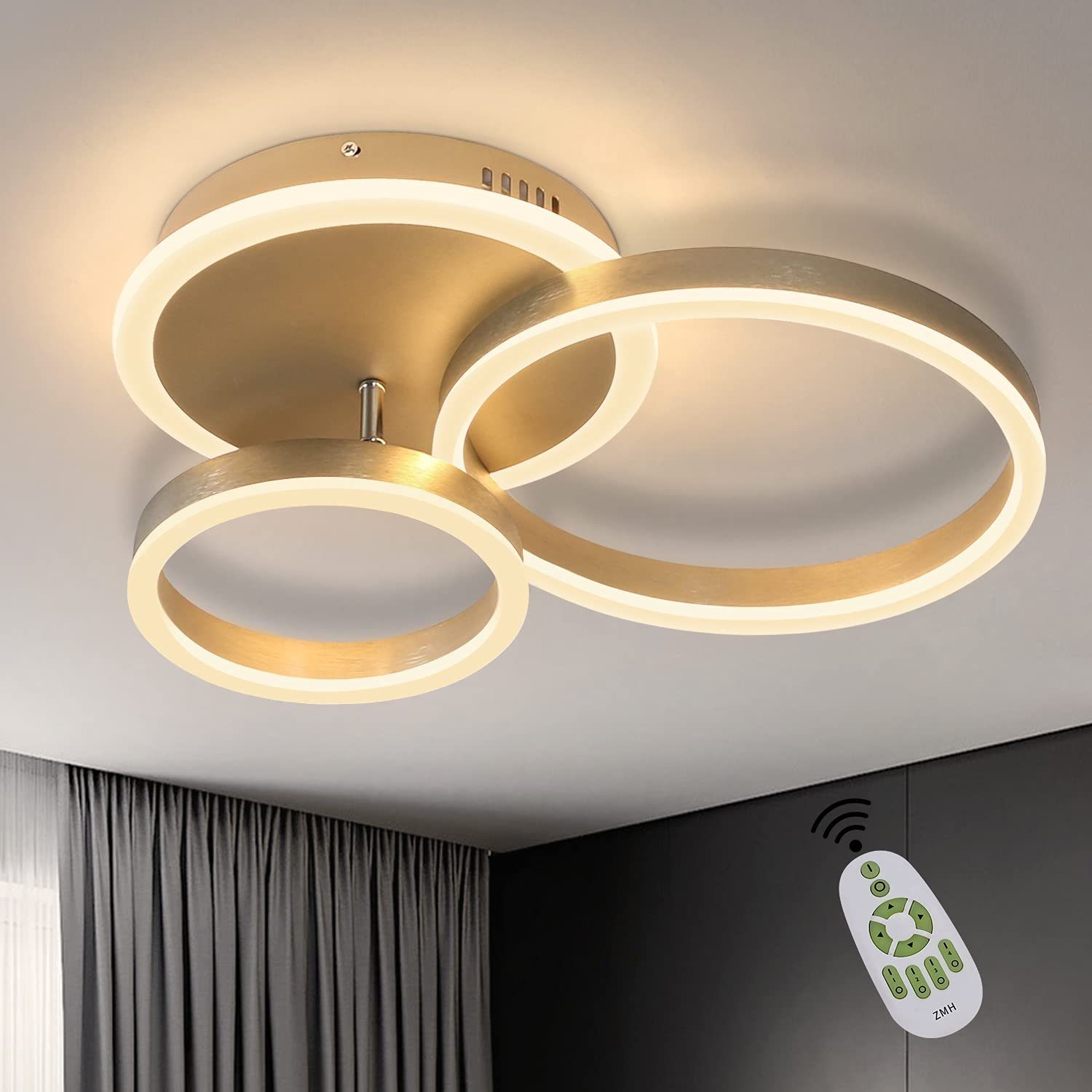 ZMH LED Deckenleuchte dimmbar Fernbedienung innen modern 3 Ring Wohnzimmer,  LED fest integriert