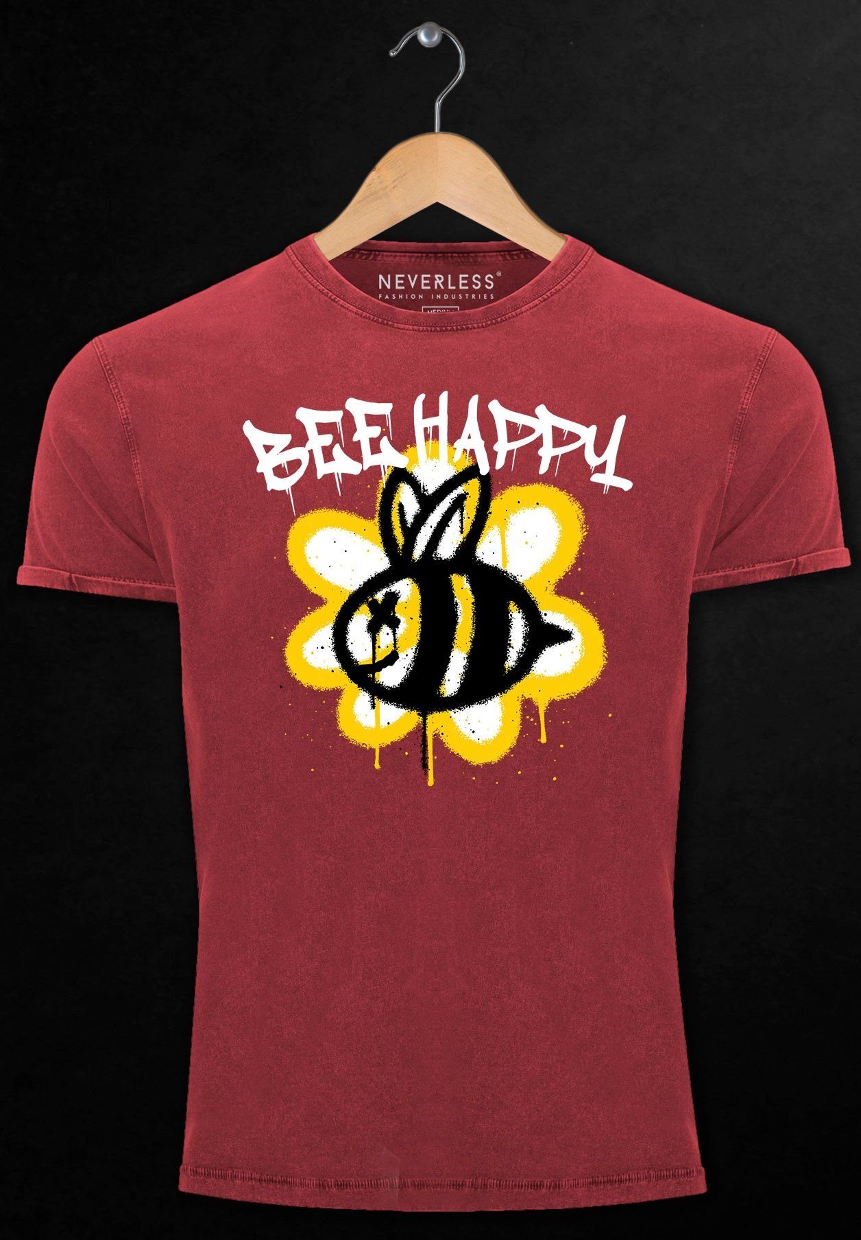 Schriftzu Biene Happy Aufdruck Vintage-Shirt Graffiti mit Neverless Print Print-Shirt rot Herren Bee Blume