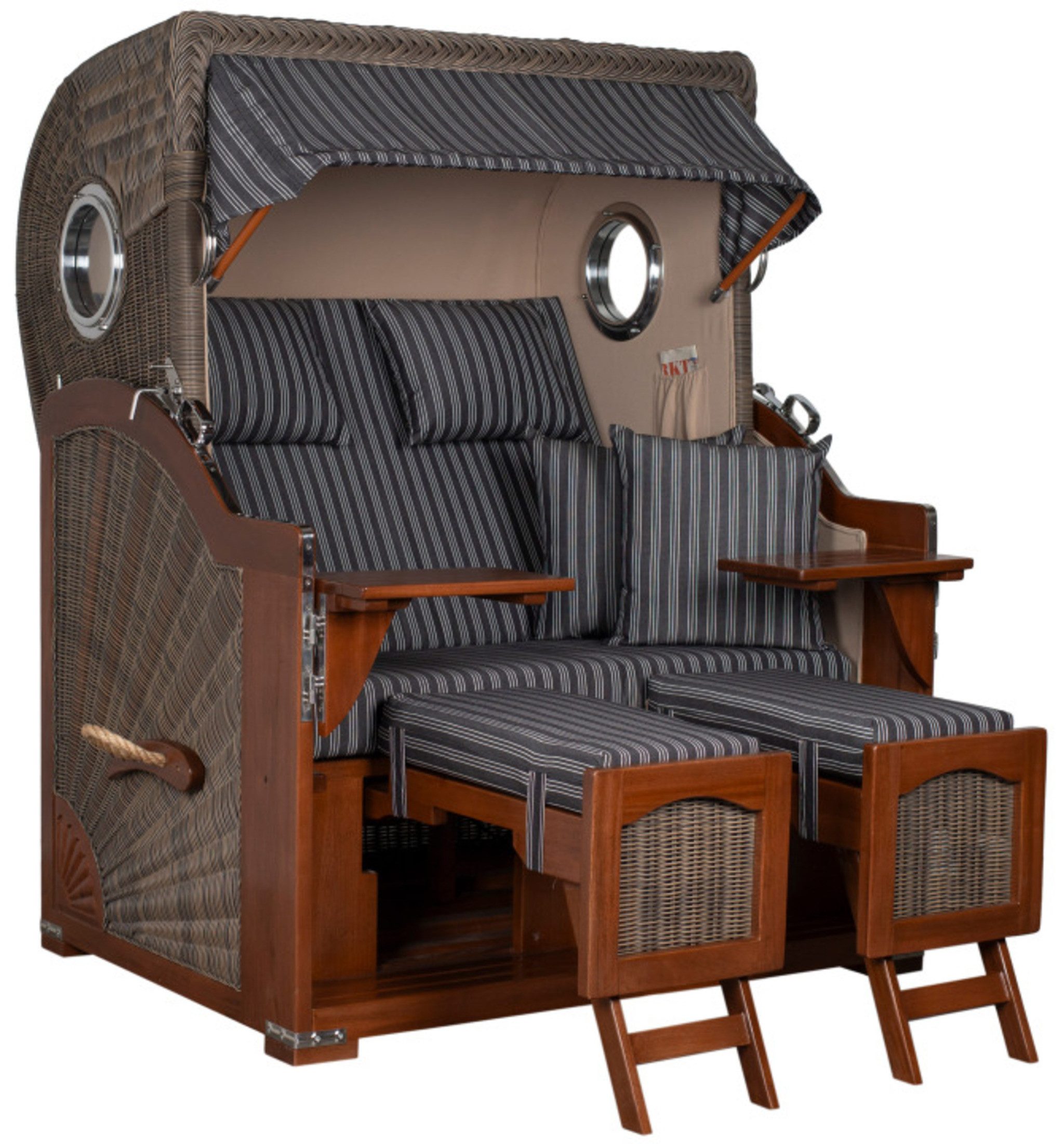 Strandkorb 2-Sitzer Düne Bullauge Vollholz PE-Geflecht grau 125x170x80