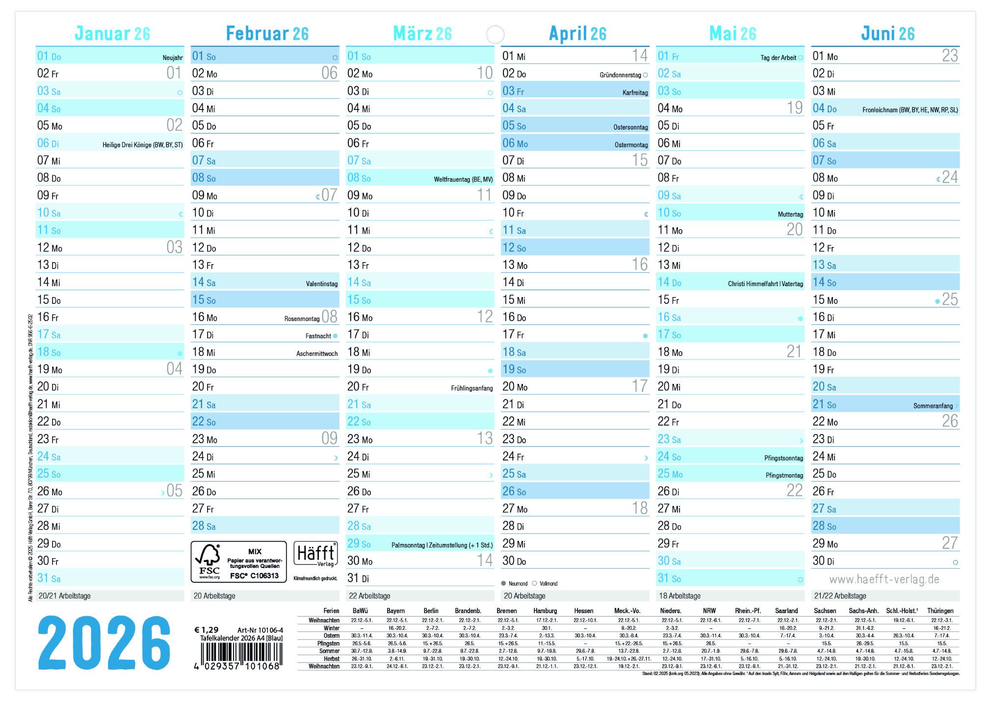 Häfft Terminplaner HÄFFT Tafelkalender Classic 2026 A4 Kalenderblatt 10106-4