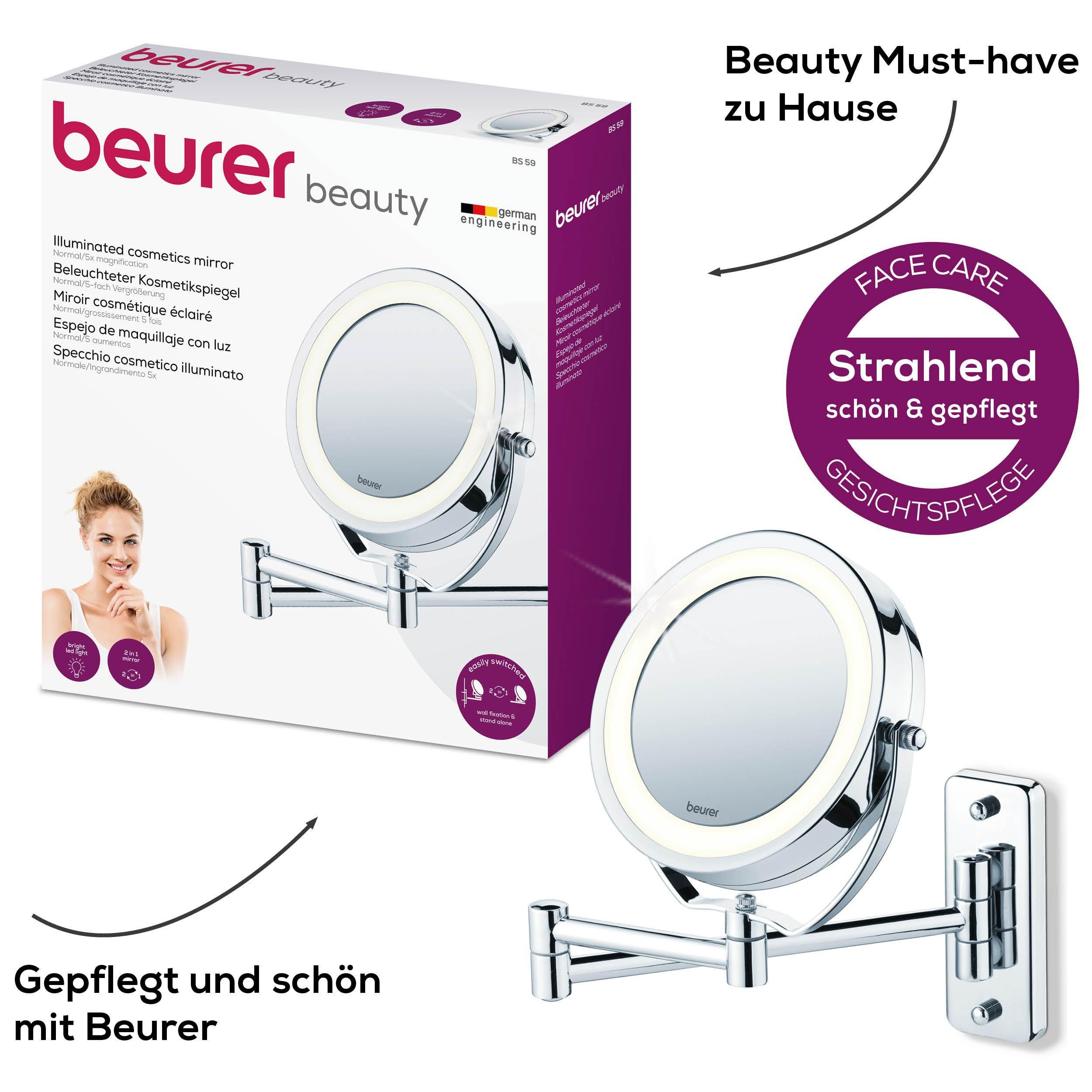 BEURER Kosmetikspiegel BS 59 Kosmetikspiegel, inkl. Schrauben zur Wandmontage, Beleuchtung durch 12 LEDs, mit 5-fach Vergrößerung