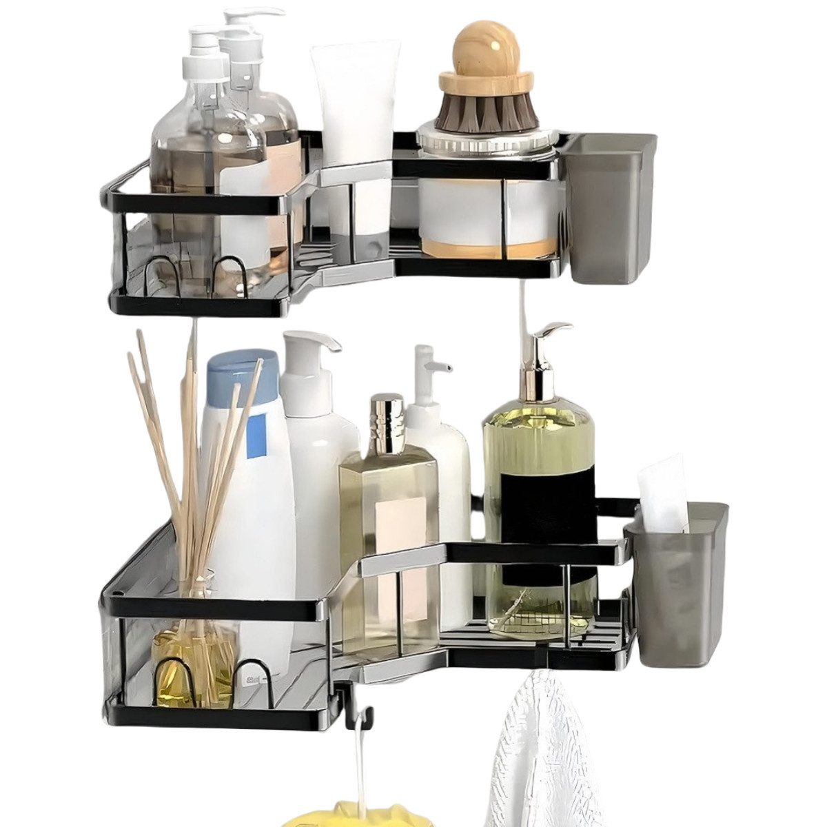 PFCTART Duschregal Badezimmer Dreibein-Wand-Eckregal Duschregal Schwarz Ecke 2 Stück, Eisenfreie Perforation mit 4 Haken