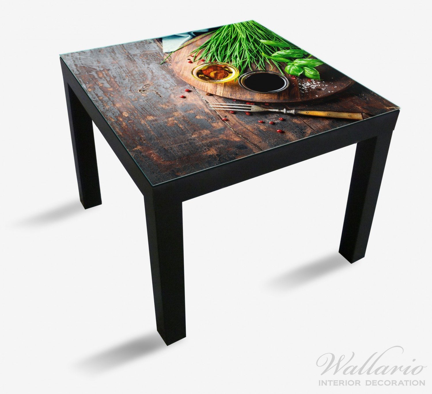 Wallario Tischplatte Kräuter, auf für Holzbrett und Gewürze geeignet Öle einem (1 Lack St), Ikea Tisch