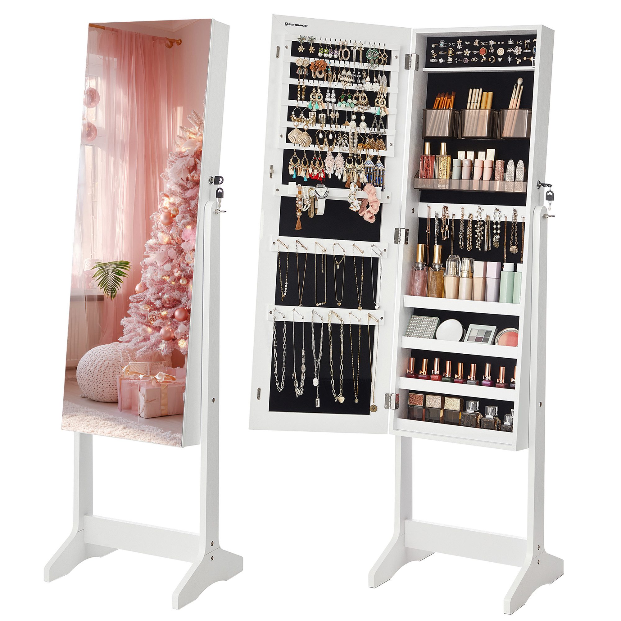 SONGMICS Schmuckschrank Spiegelschrank stehend, für, Ohrringe, Schminke, 41,2 x 36,5 x 152 cm mit 2 separaten Make-up-Organizern, rahmenloser, abschließbar, weiß