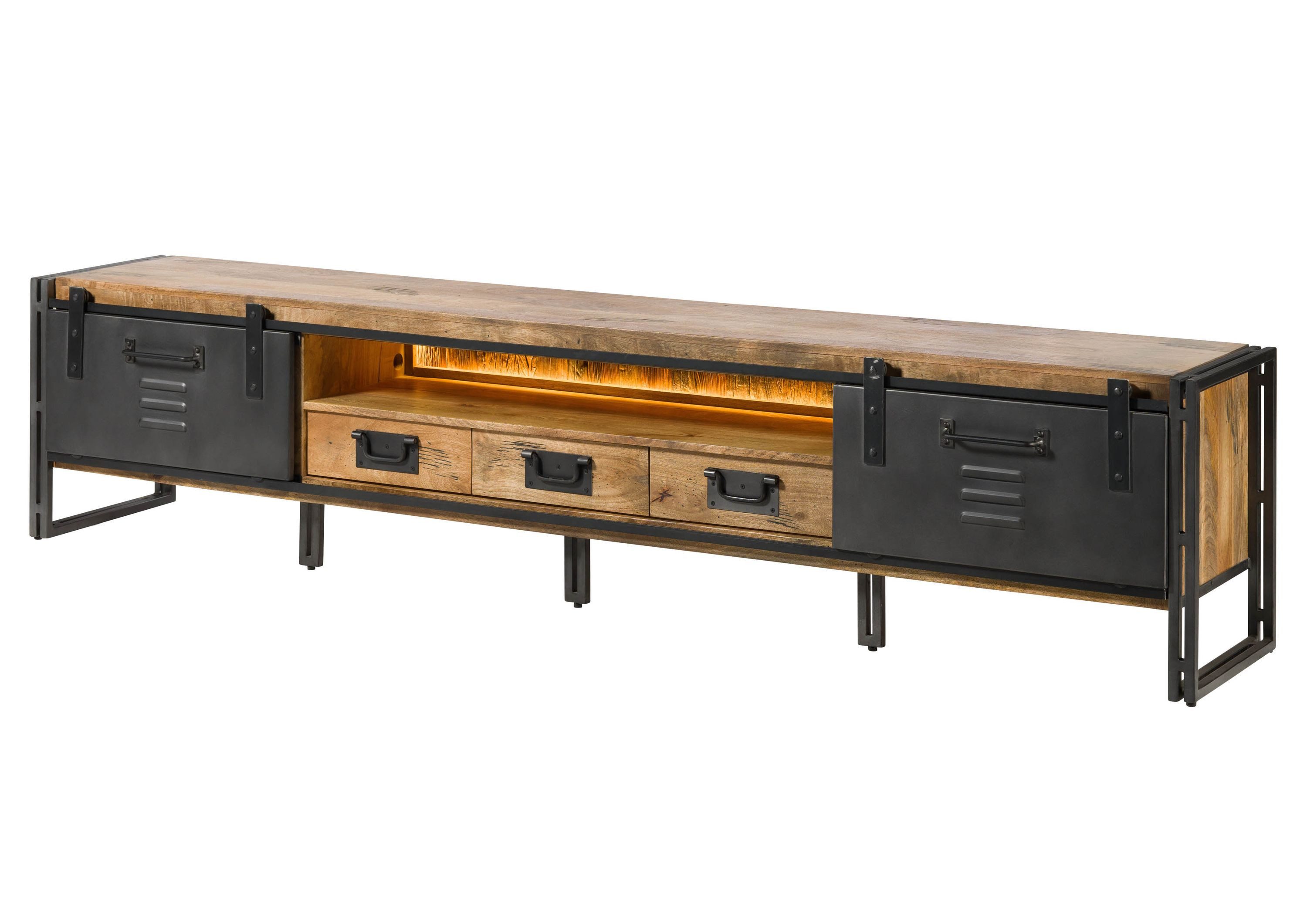 Massivmoebel24 TV-Board BLACKBURN LUX Mango / Altholz Massivholz natur / grau (Massivholz montiert 69 kg BLACKBURN LUX #554), Mango / Altholz 260x45x55 cm natur / grau lackiert