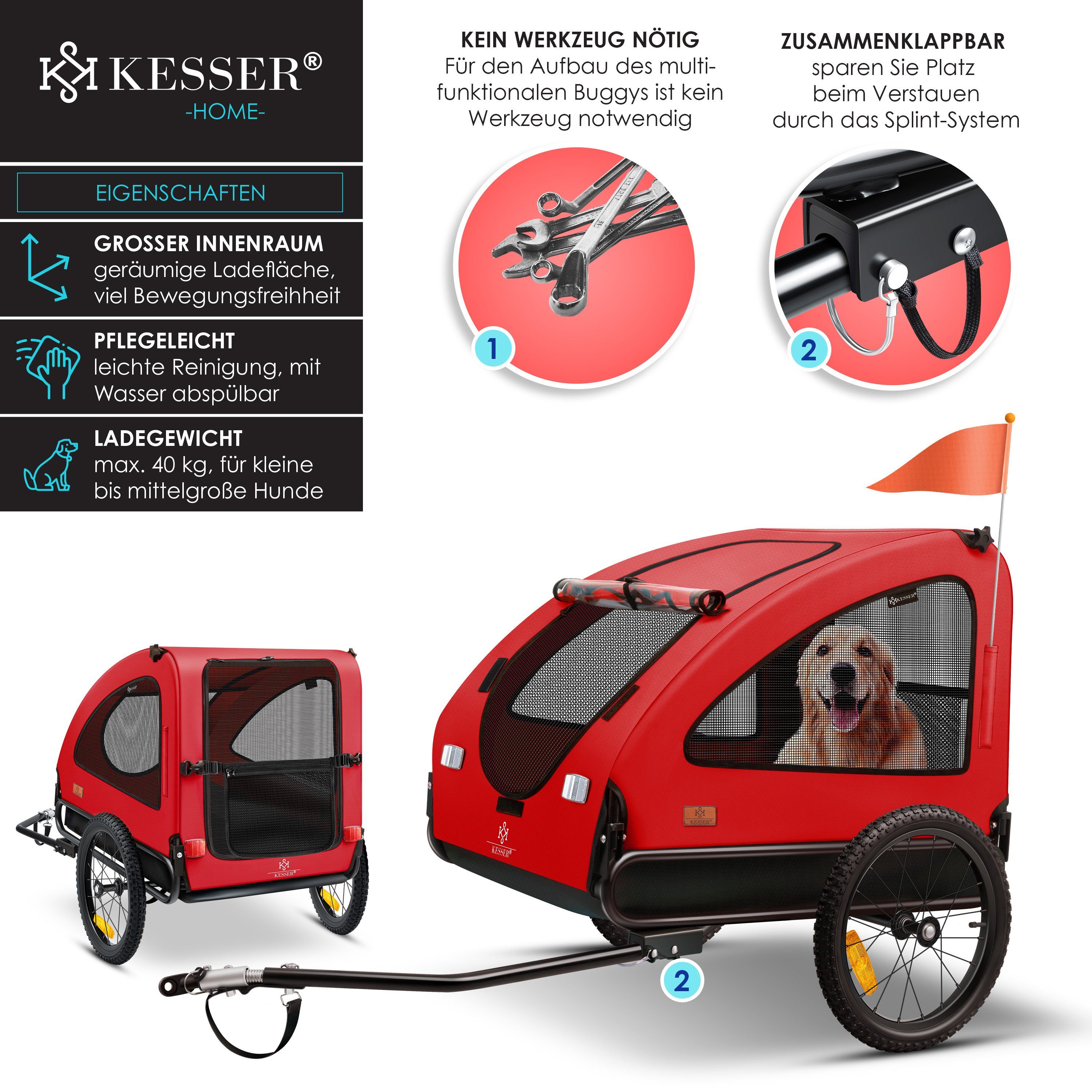 KESSER Fahrradhundeanhänger, Hundeanhänger Boxer 2-in-1 Hundebuggy Fahrradanhänger groß