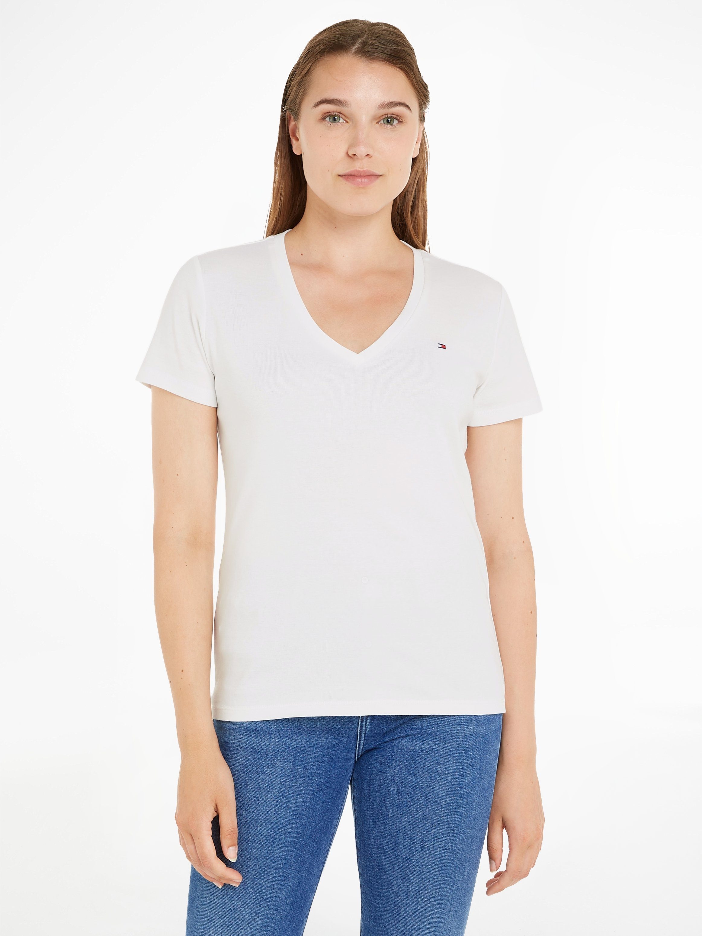 RIB CODY T-Shirt mit Tommy Ecru SS Hilfiger Logostickerei SLIM dezenter V-NECK