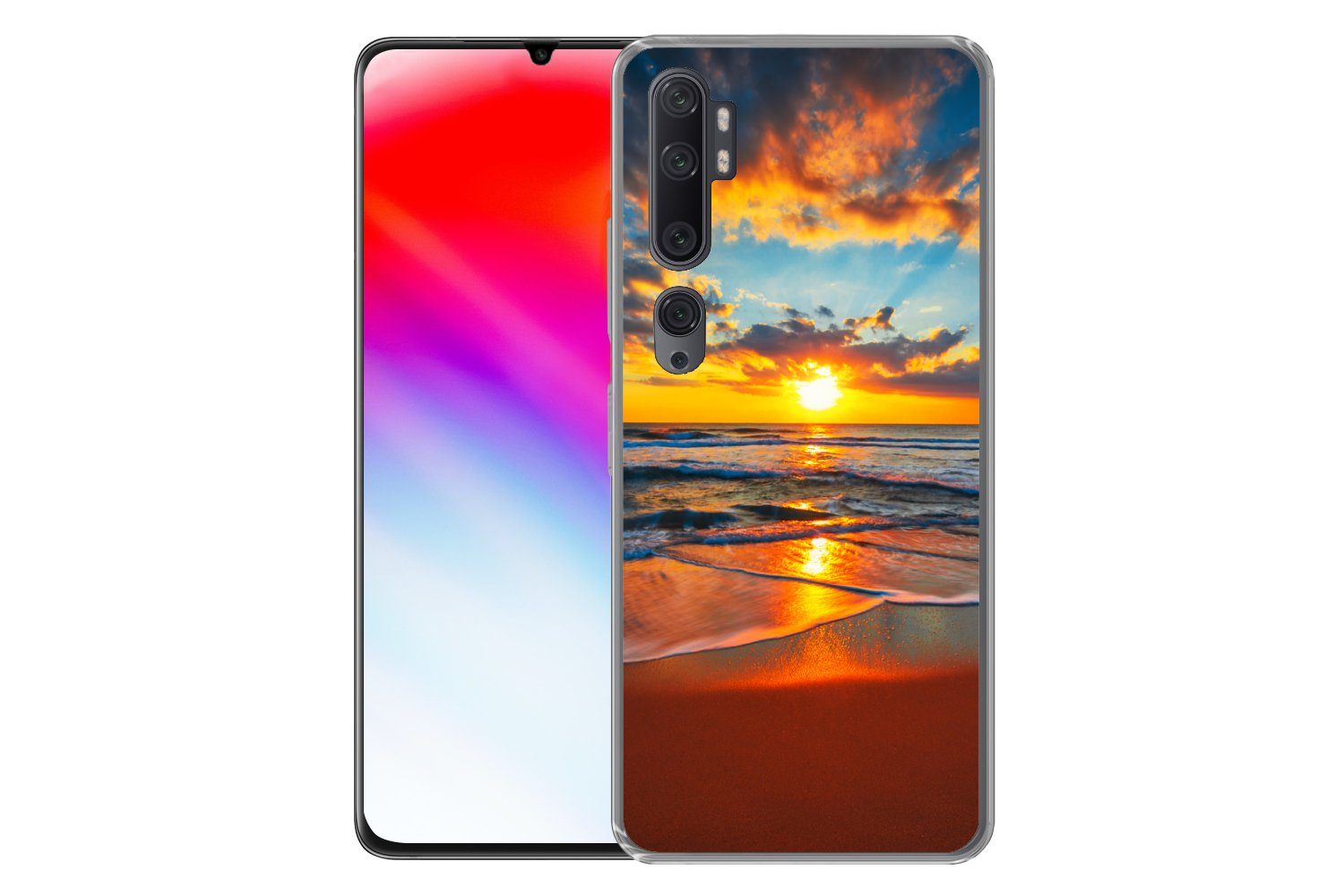 MuchoWow Handyhülle für Xiaomi Mi Note 10 Meer - Sonnenuntergang - Strand - Wolken - Orang
