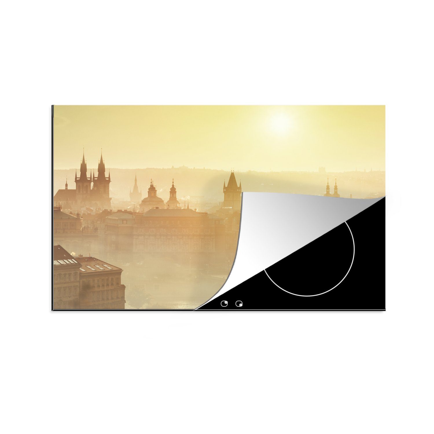 MuchoWow Herdblende-/Abdeckplatte Sonnenaufgang im nebligen Prag, Vinyl, (1 tlg), 81x52 cm, Induktionskochfeld Schutz für die küche, Ceranfeldabdeckung