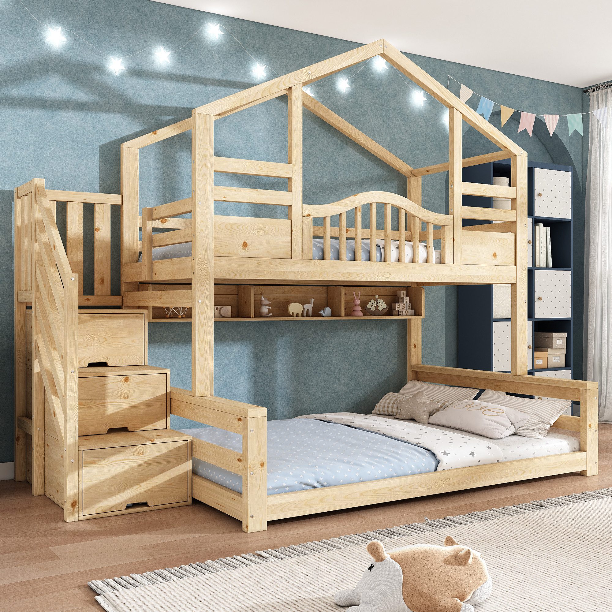 Flieks Etagenbett, Kinderbett Hausbett 90x200+140x200cm mit Stauraumtreppe und Regalen