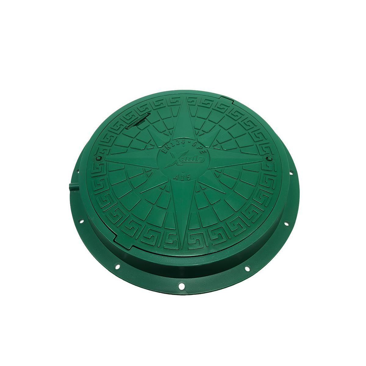 Xanie Erdschacht Schachtdeckel mit Rahmen DN600 + Verriegelung Ø 800 mm Kunststoff A15, 80x80x9.5 cm, Grün, begehbar, rutschsicher, korrosionsbeständig